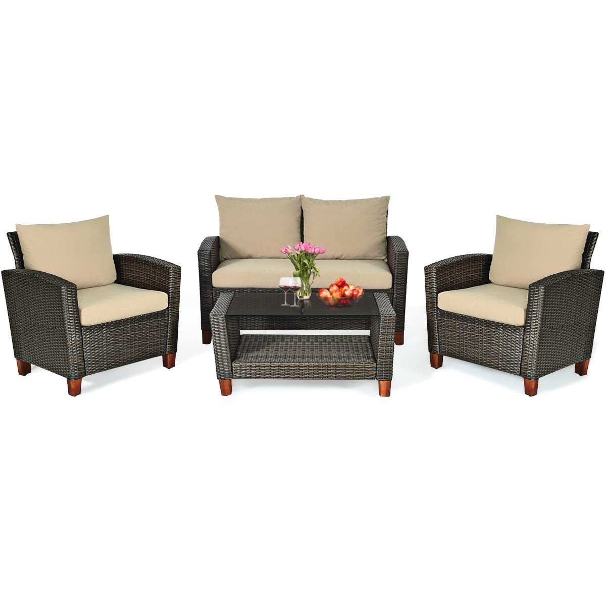HAPPYGRILL 4 Pieces Patio Conversation Set Outdoor Rattan Wicker Furniture Set Sectional Wicker Sofa Chair & Coffee Table Set for Porch Poolside Backyard