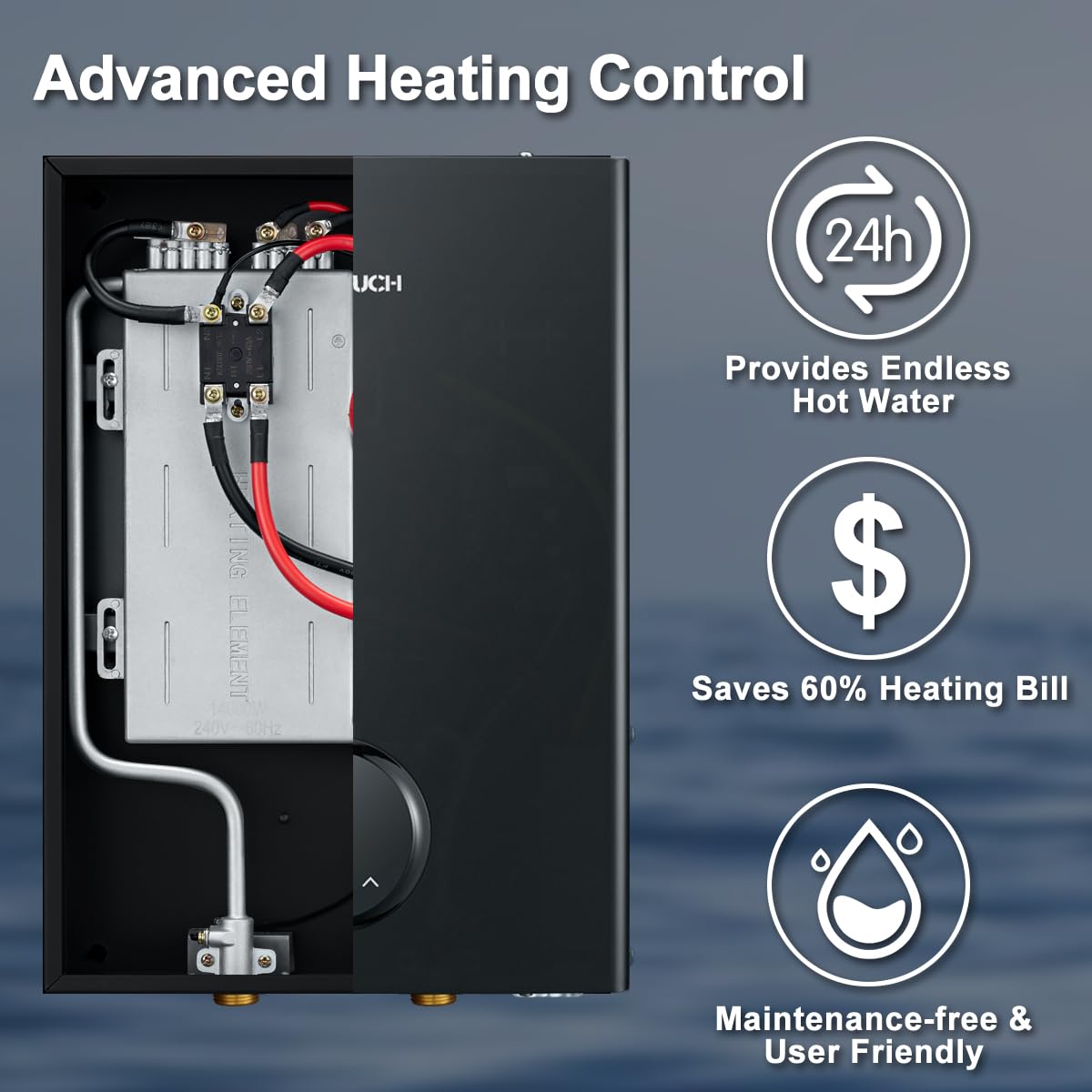 Electric Tankless Water Heater, ECOTOUCH 18kW Instant Water Heater On Demand 240V Under Sink Water Heaters Point of Use with ETL Certificated Self-Modulation ECO180B Black