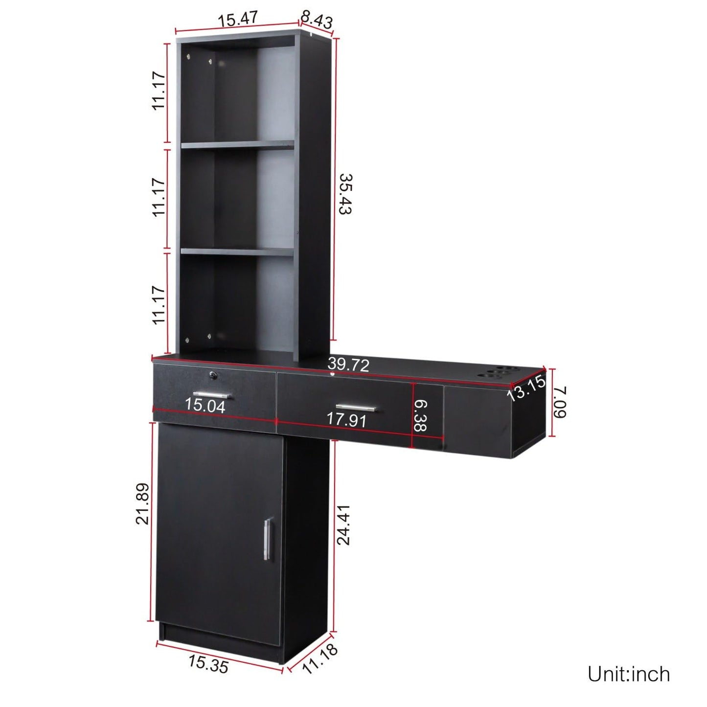 FRITHJILL Modern 66.93" Tall Multi-Layer Hair Styling Storage Cabinet, Salon Spa Station with Appliance Holders and Lockable Drawer, Ideal for Salons, Barber Shops, and Home Use, Black