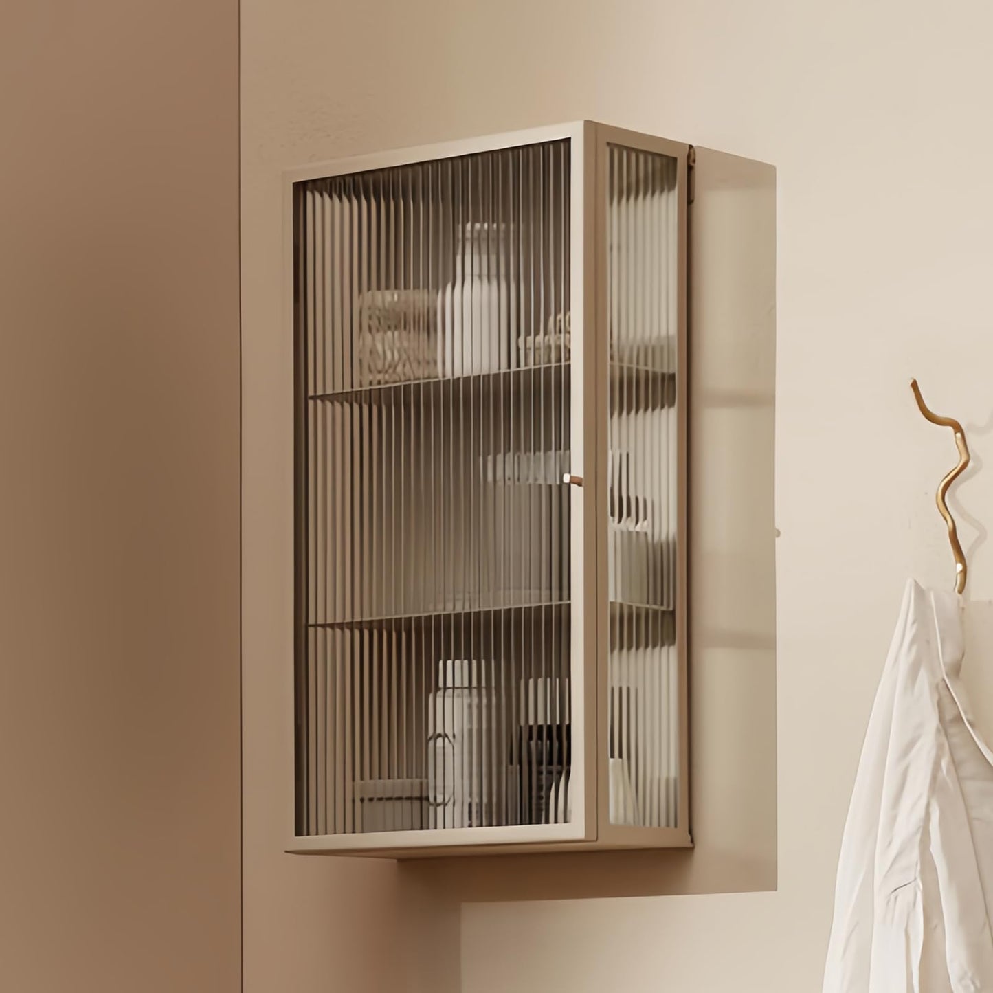 Kferfft Bathroom Wall Cabinet 14 Inch Over The Toilet Metal Storage Cabinet with Glass Door, Wall Mounted Medicine Cabinet for Bathroom Laundry Room Bedroom (Beige, 23.6x13.8x6IN)