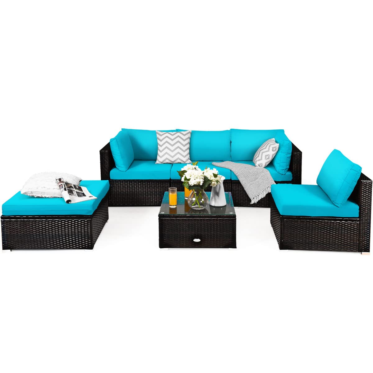 COSTWAY 6-Piece Outdoor Patio Furniture Set, Rattan Sectional Sofa Set with Tempered Glass Coffee Table, Cushions and Ottoman for Garden, Deck, Backyard (Turquoise)