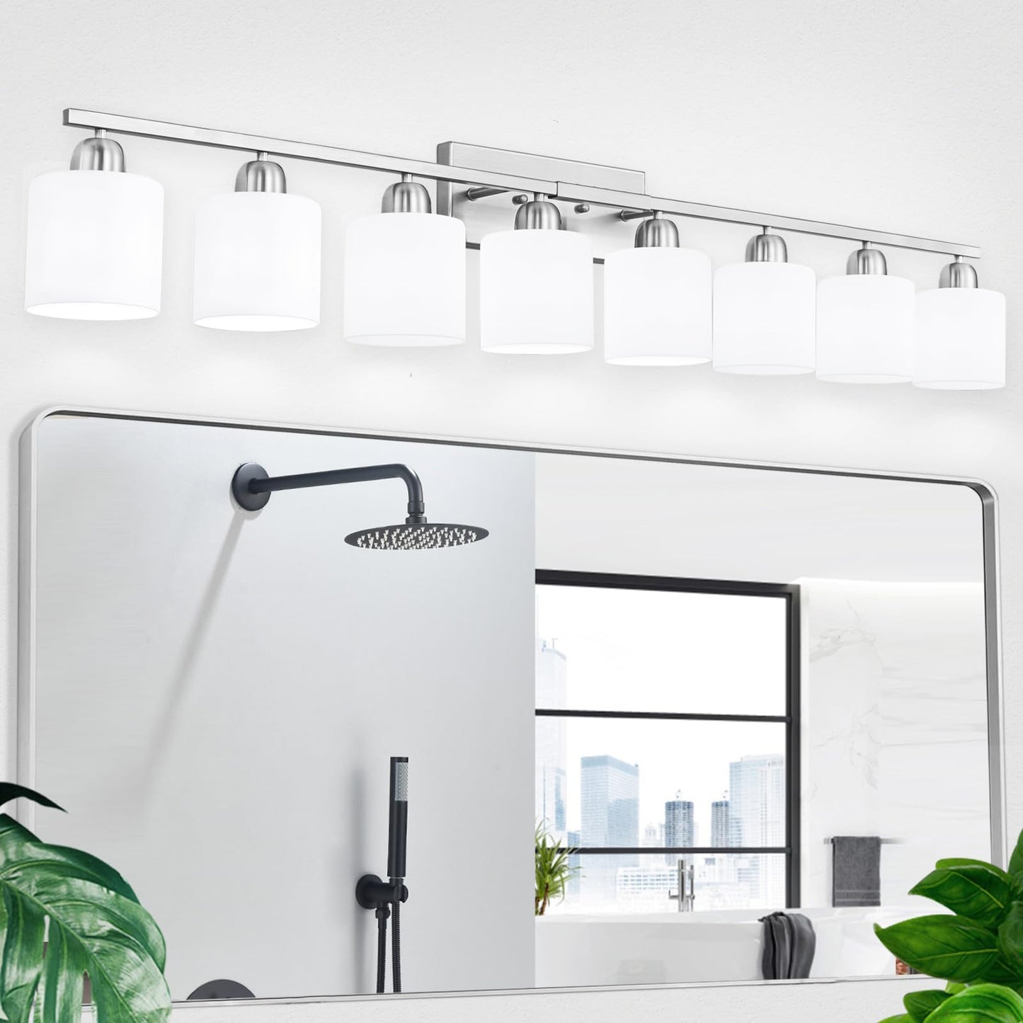 FAISHILAN Brushed Nickel Bathrooms Lights for Huge Mirror, 8 Light Anti-Rust Finish with Milky White Frosted Glass Shades, 51 Inch Above Mirror Lights for Bathroom, E26