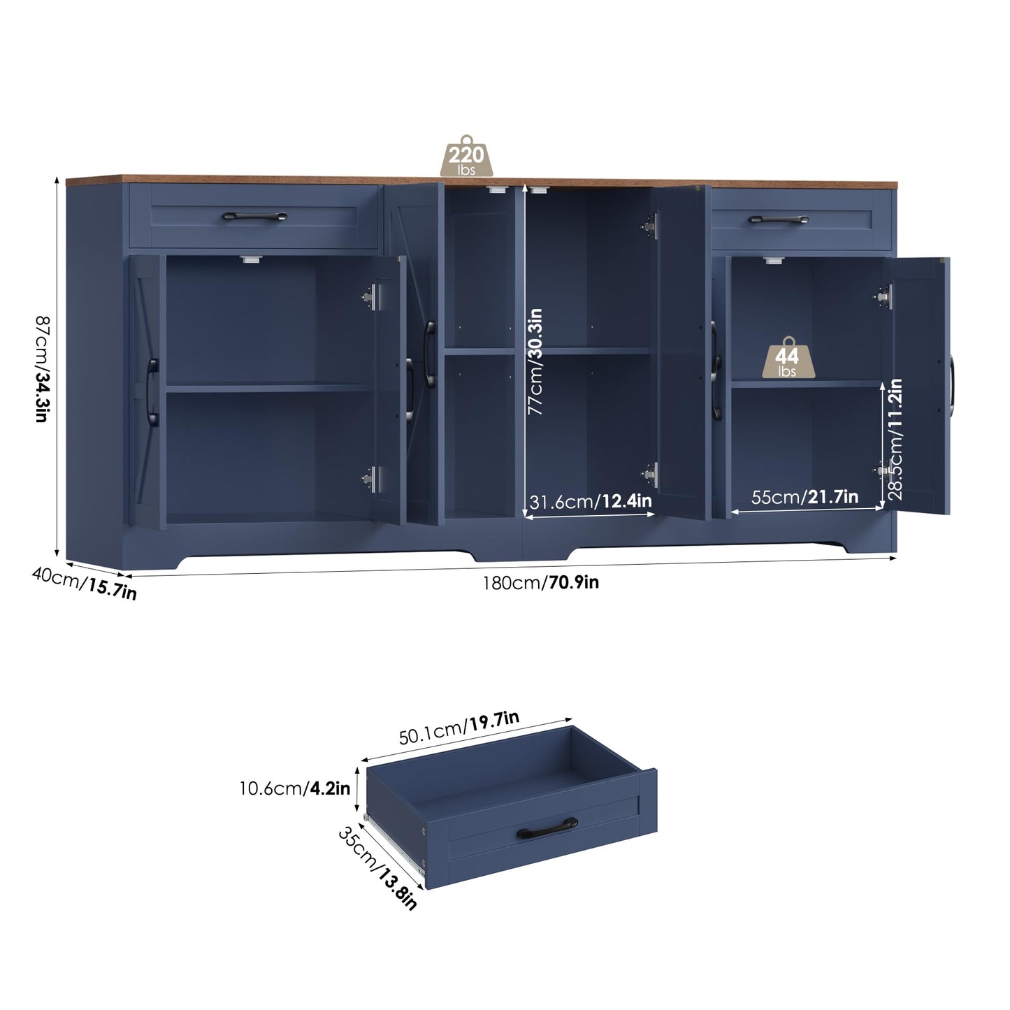 71” Large Sideboard Buffet Cabinet with Storage, Farmhouse Kitchen Buffet Cabinet with Adjustable Shelves and 6 Barn Doors, Wood Coffee Wine Bar Console Table for Kitchen, Dining Room, Navy Blue