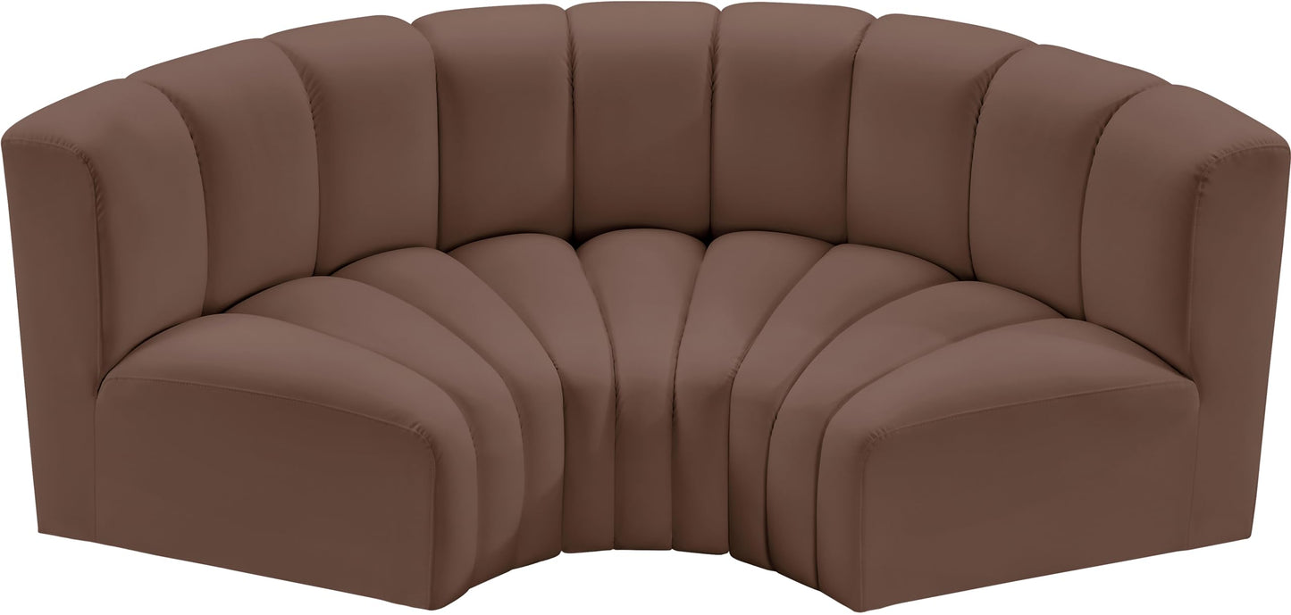 Meridian Furniture 101Brown-S3C Arc Collection Modern | Contemporary Modular Sofa with Soft Brown Vegan Leather, Deep Channel Tufting, Modular Design, 80" W x 37" D x 30" H, Brown