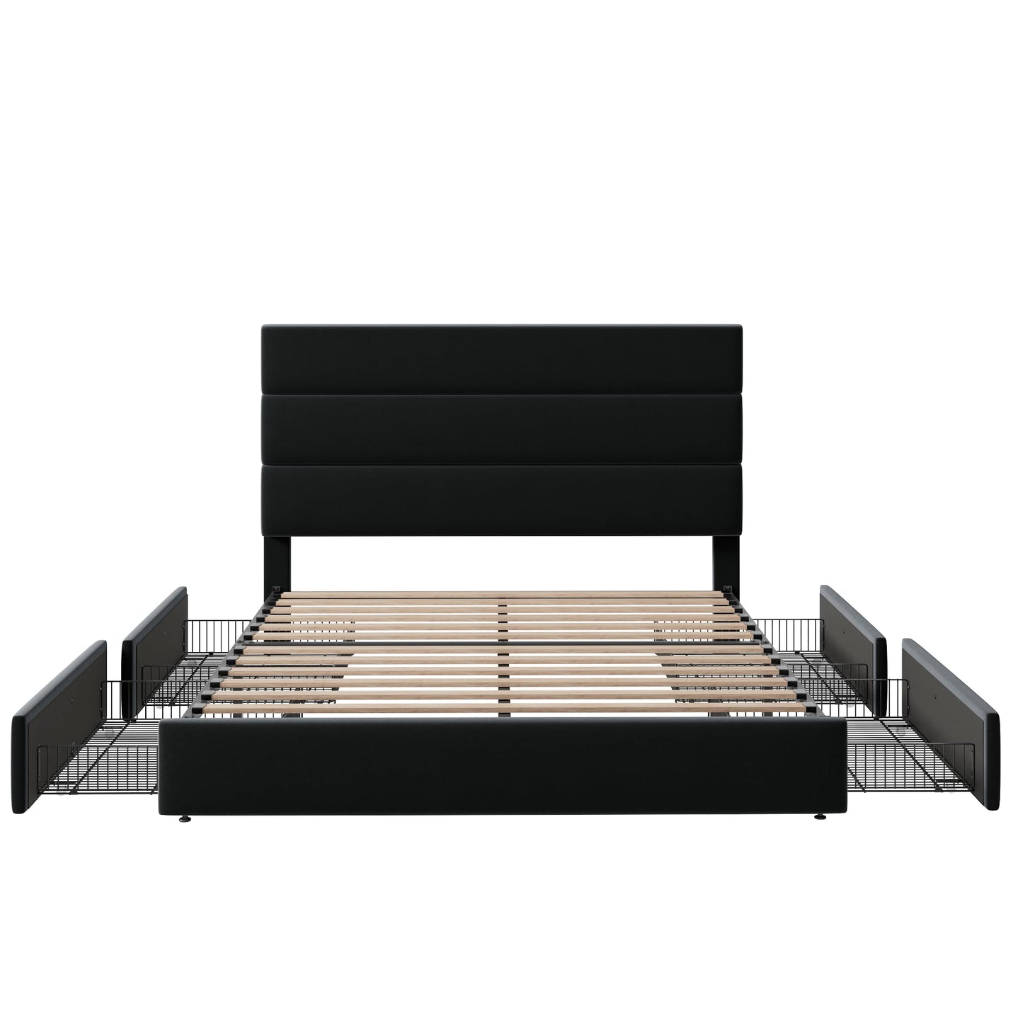 Allewie Modern Full Size Platform Bed Frame with 4 Storage Drawers and Velvet Upholstered Headboard, Wooden Slats Support, Upholstered Mattress Foundation/No Box Spring Needed/Easy Assembly, Black