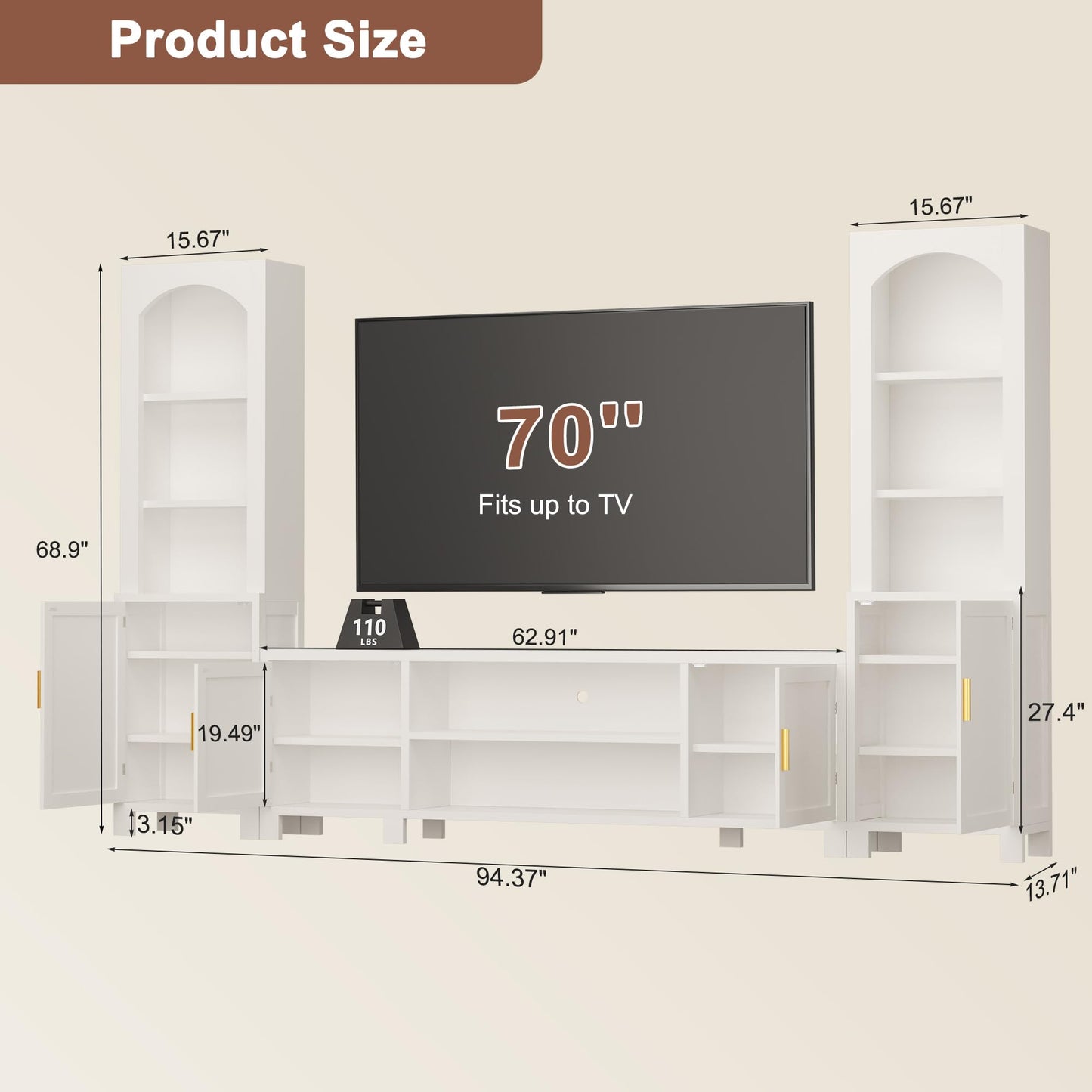 94" W 3-Piece Entertainment Center with Bookshelves for TVs up to 70", Large Wall Unit TV Stand with Power Outlets & Storage Cabinets, Modern Wood Media Console for Living Room, Bedroom, Office