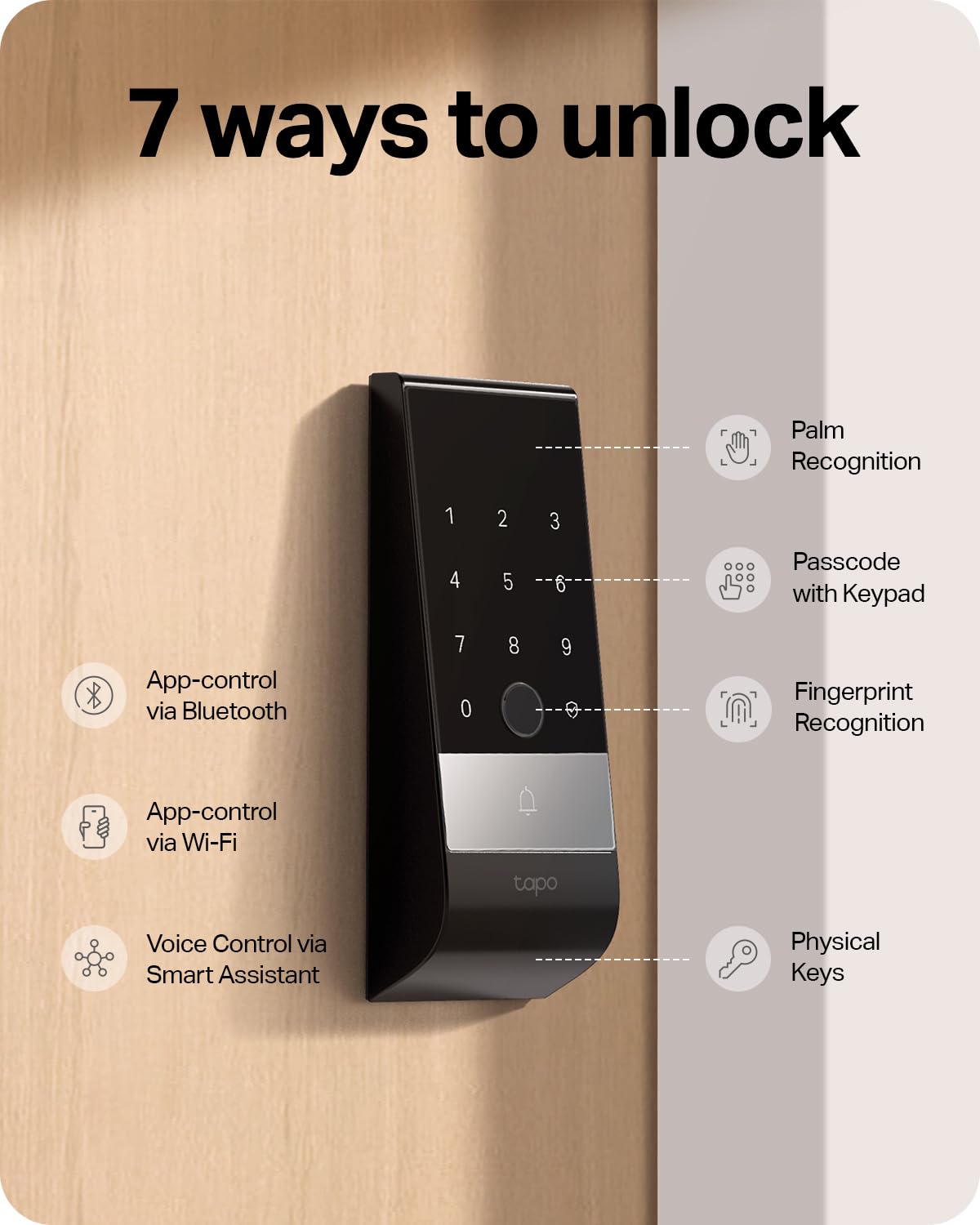 Tapo Smart Door Lock Wi-Fi Deadbolt, Palm & Fingerprint Recognition, Keyless Entry, in-App Monitoring with Scheduled Access, 1-Year Rechargeable Battery, Auto-Lock, IP65, Fits Standard Doors, DL130