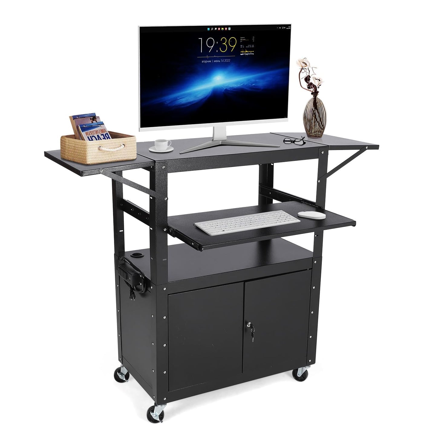 GAOMON Rolling AV Cart with Locking Cabinet, Laptop Stand, and Drop Leaves, Height Adjustable Mobile Utility Cart Workstation with Extra Storage Space, Power Strip
