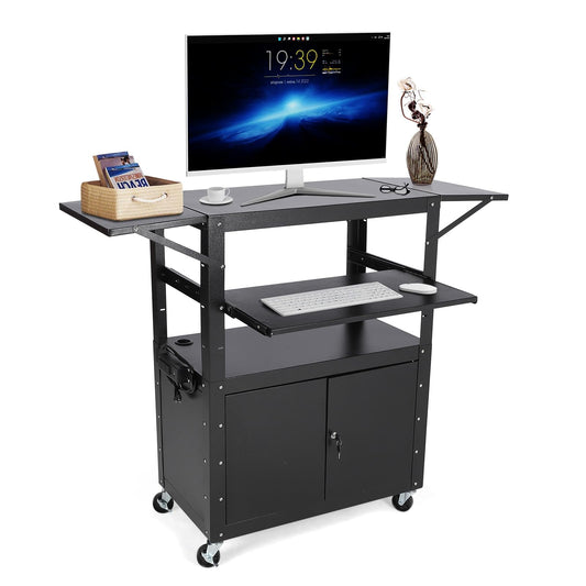 GAOMON Rolling AV Cart with Locking Cabinet, Laptop Stand, and Drop Leaves, Height Adjustable Mobile Utility Cart Workstation with Extra Storage Space, Power Strip