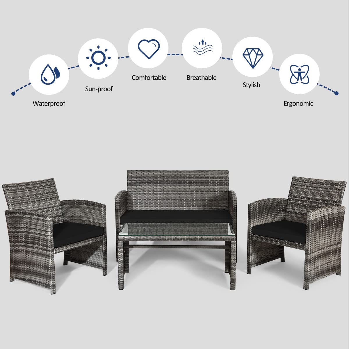 Tangkula 4 PCS Wicker Patio Conversation Set, Outdoor Rattan Sofas with Table Set, Patio Furniture Set with Soft Cushions & Tempered Glass Coffee Table for Poolside Balcony