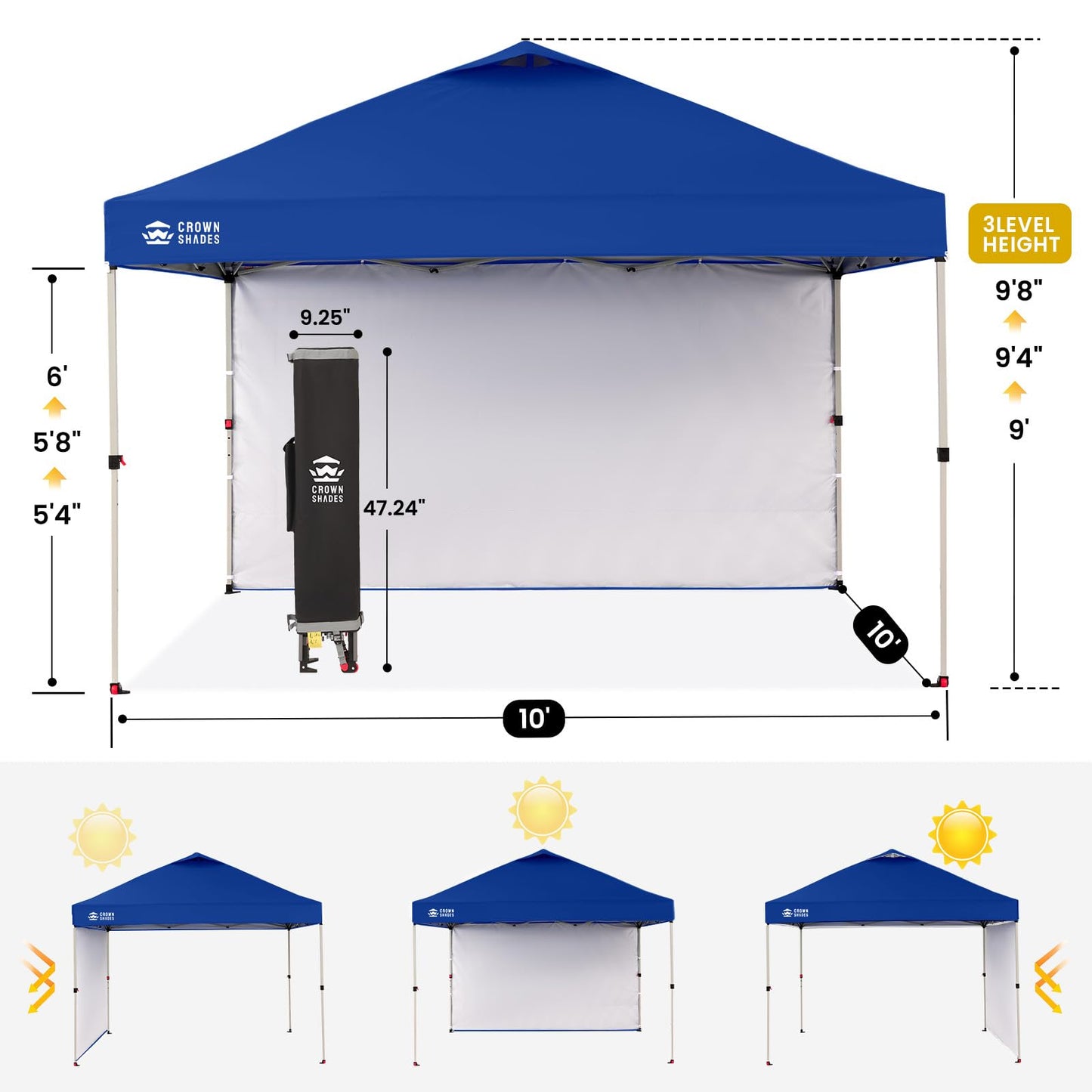 CROWN SHADES 10x10 Pop Up Canopy with 1 Side Wall - Beach Tent with One Push Setup - Outdoor Sun Shade for Events, Parties, Camping - Gazebo with STO-N-Go Cover Bag (Navy Blue)
