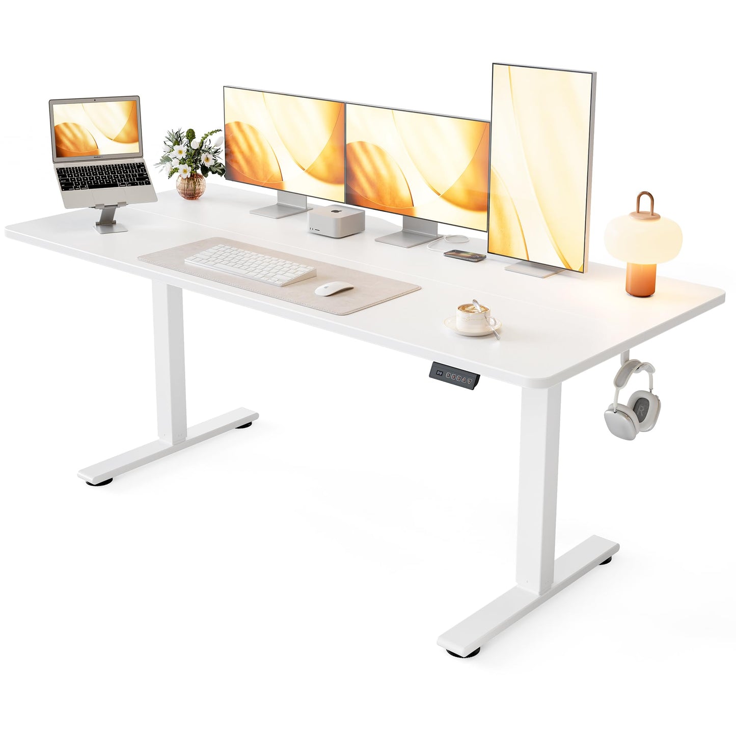 Cubiker Standing Desk, 63x28 Inches Sit Stand Home Office Desk, Electric Stand up Desk, Adjustable Desk with Splice Board, White Frame/White Top