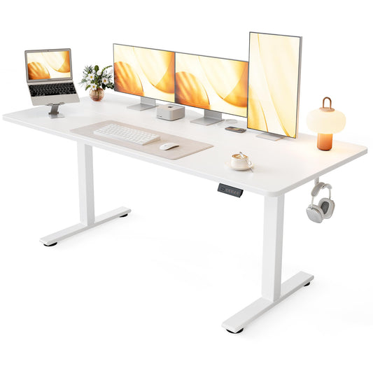 Cubiker Standing Desk, 63x28 Inches Sit Stand Home Office Desk, Electric Stand up Desk, Adjustable Desk with Splice Board, White Frame/White Top