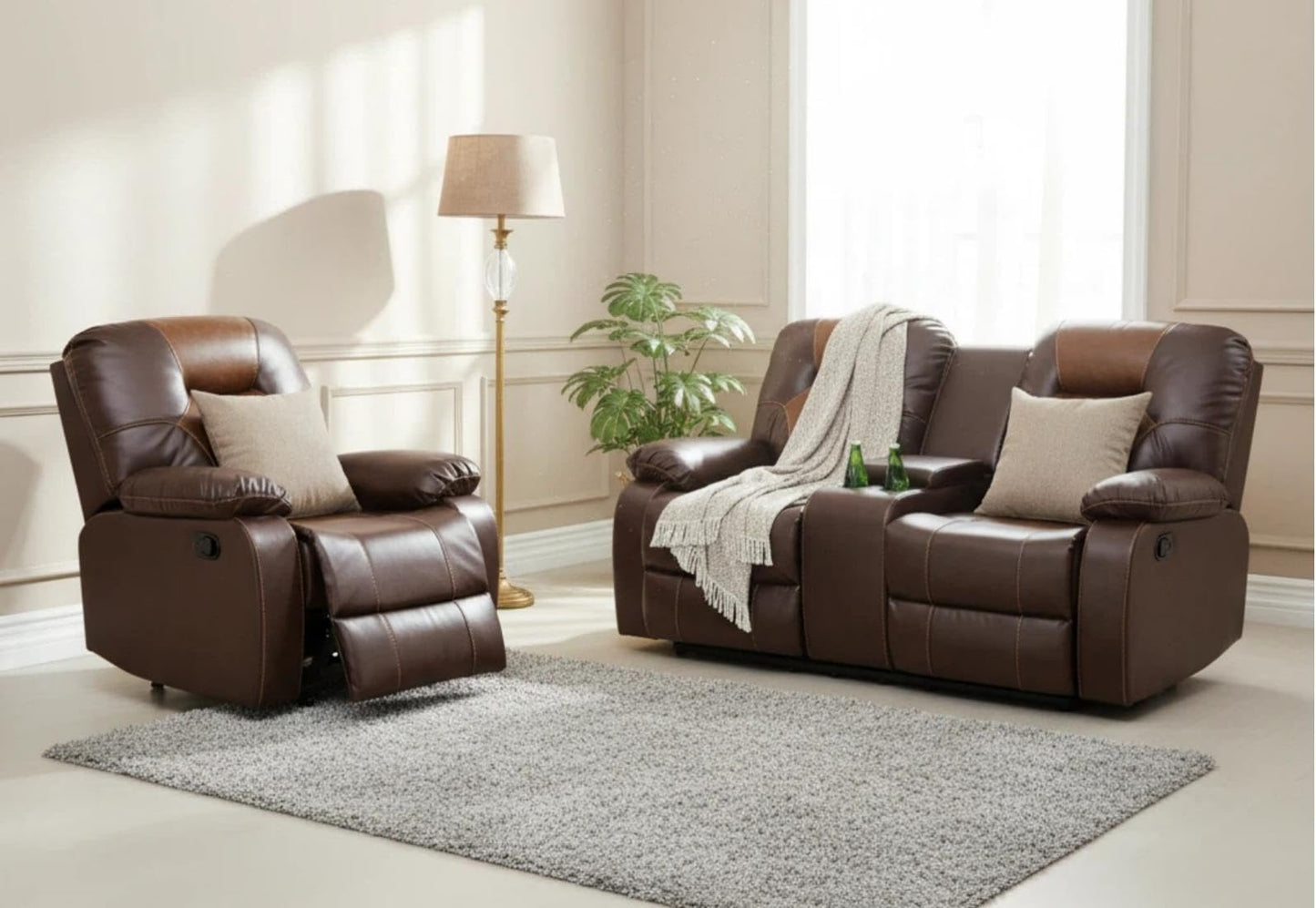 Trygoal Leather Recliner Sofa Set, Living Room Furniture Set, Adjustable Backrest Reclining Loveseat Sofa with Storage Console & Cup Holders, Manual Recliner Chair for House, Home Theater, Brown