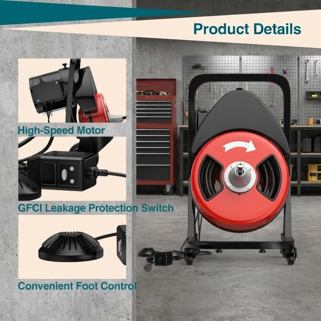 50ft x 1/2" Auto-Feed Drain Snake Cleaning Machine - 450W Electric Sewer Auger with 4 Cutters & Wheels for Sink, Toilet, Floor Drain