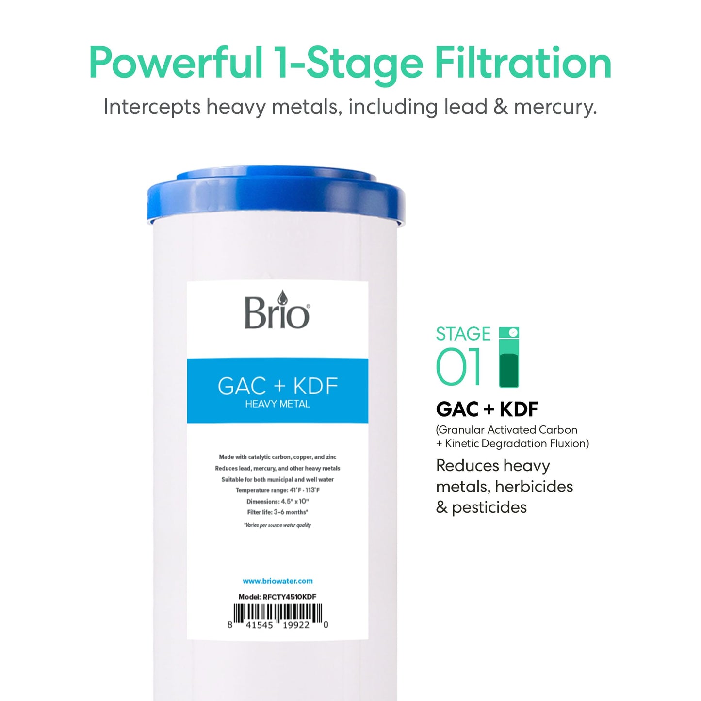 Brio Whole House Water Filter System for Heavy Metal Reduction w/Gauge & Fast-Flow GAC + KDF Filter 4.5" x 10" | Improves Taste & Protects Home Appliances | 720 GPH | 50,000 Gallons or 6 Months