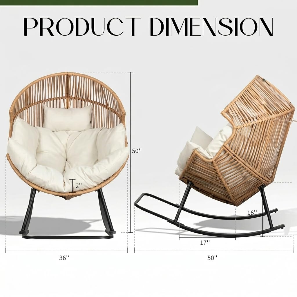 Oversized Outdoor Rocking Chair Set of 2, Wicker Egg Patio Lounge Chair Basket Seat with Thick Cushion, All Weather Indoor Outdoor Porch Rockers for Balcony, Living Room, Lawn Garden