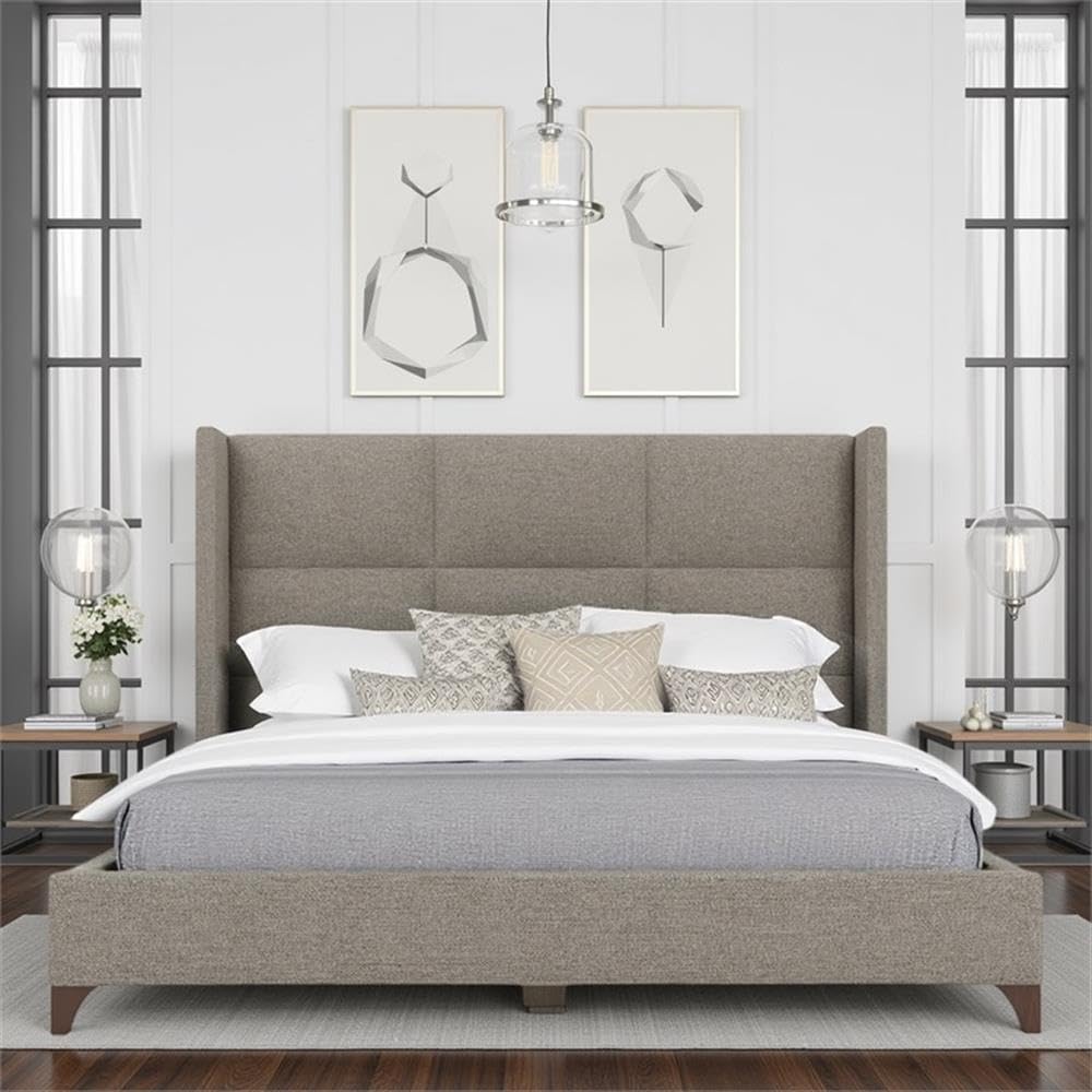 BOWERY HILL Modern Upholstered Queen Bed, Gray Performance Fabric, Square-Panel Headboard, Solid Wood Frame, Adjustable Base Compatible, Stain-Resistant Fabric, Bedroom Furniture