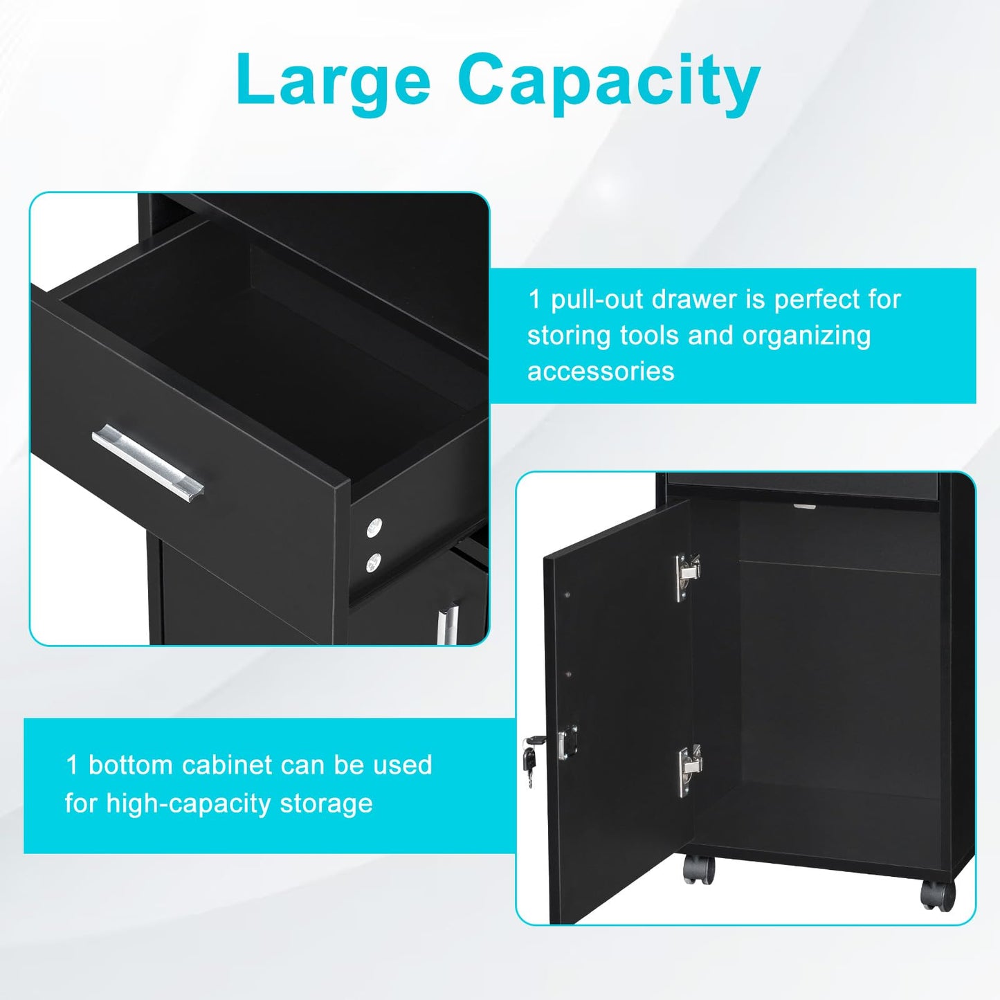 JHshop Black Beauty Salon Storage Trolley Cart, Hair Salon Stations Cabinet for Stylist with 6 Tool Holders Equipment with Rolling Wheels, Drawer Barber Salon Furniture