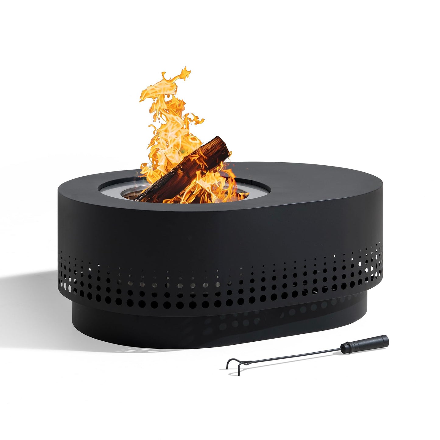 SUNJOY Smokeless Fire Pit with Table Top, 38-Inch Oval Firepit for Outdoor, Stainless Steel Wood Burning Fireplace w/Removable Ash Pan, PVC Cover and Fire Poker, Ideal for Camping, Backyard, Grey