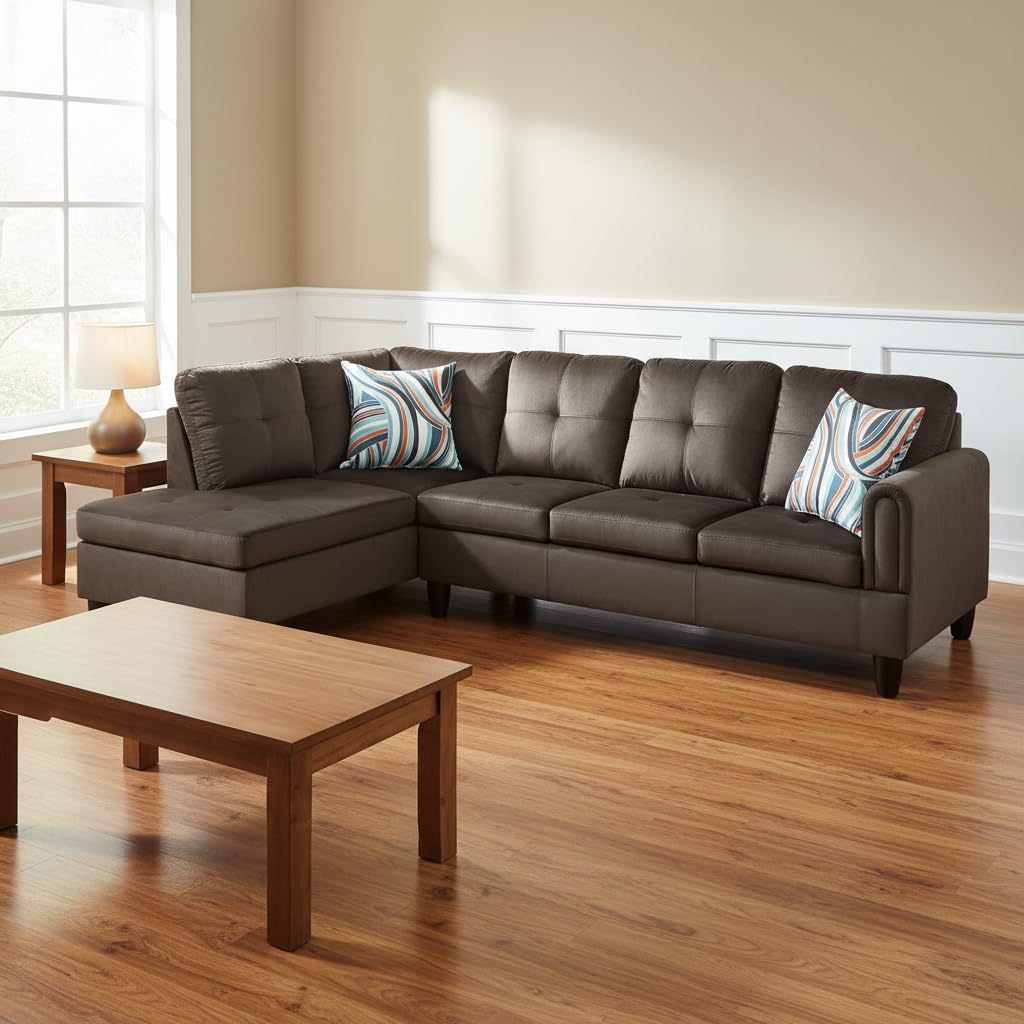 Trygoal Modern L-Shaped Sectional Sofa with Chaise Lounge, 4-Seater Flannel Couch with High-Density Foam Cushions, for Living Room, Apartment, Studio, Easy Assembly, Dark Brown