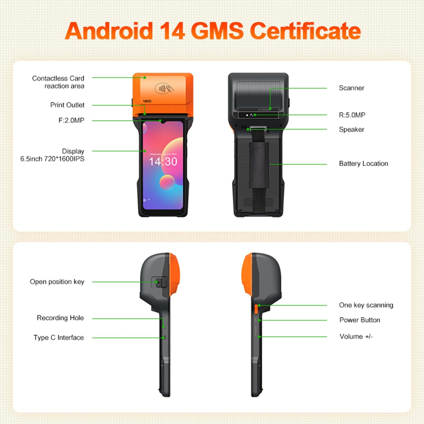 POS PDA Receipt/Label Printer,Symcode Android 14 Handheld POS Printer 3GB+32GB with 2D Barcode Scanner with NFC Reader,Wifi/Gps/BT/5G Full Network Connection 6.5" Touchscreen 80mm/58mm Label Printing