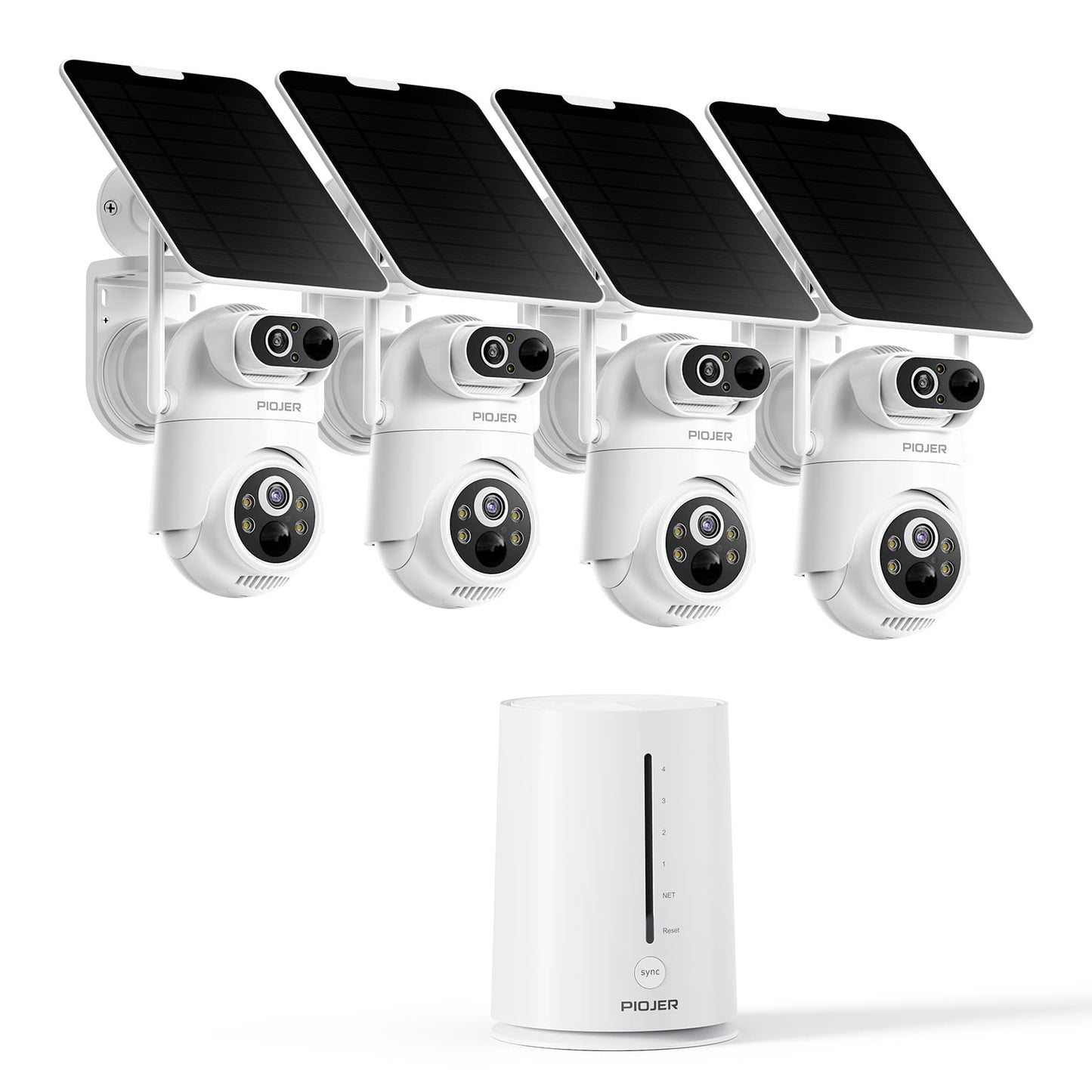 PIOJER Solar Security Camera Wireless Outdoor Dual-Lens 2K(2MP Wide-Angle & 2MP PTZ) Cameras System for Home Color Night Vision 32GB Local Storage PIR AI Human Detection No Subscription Fee 4Pack