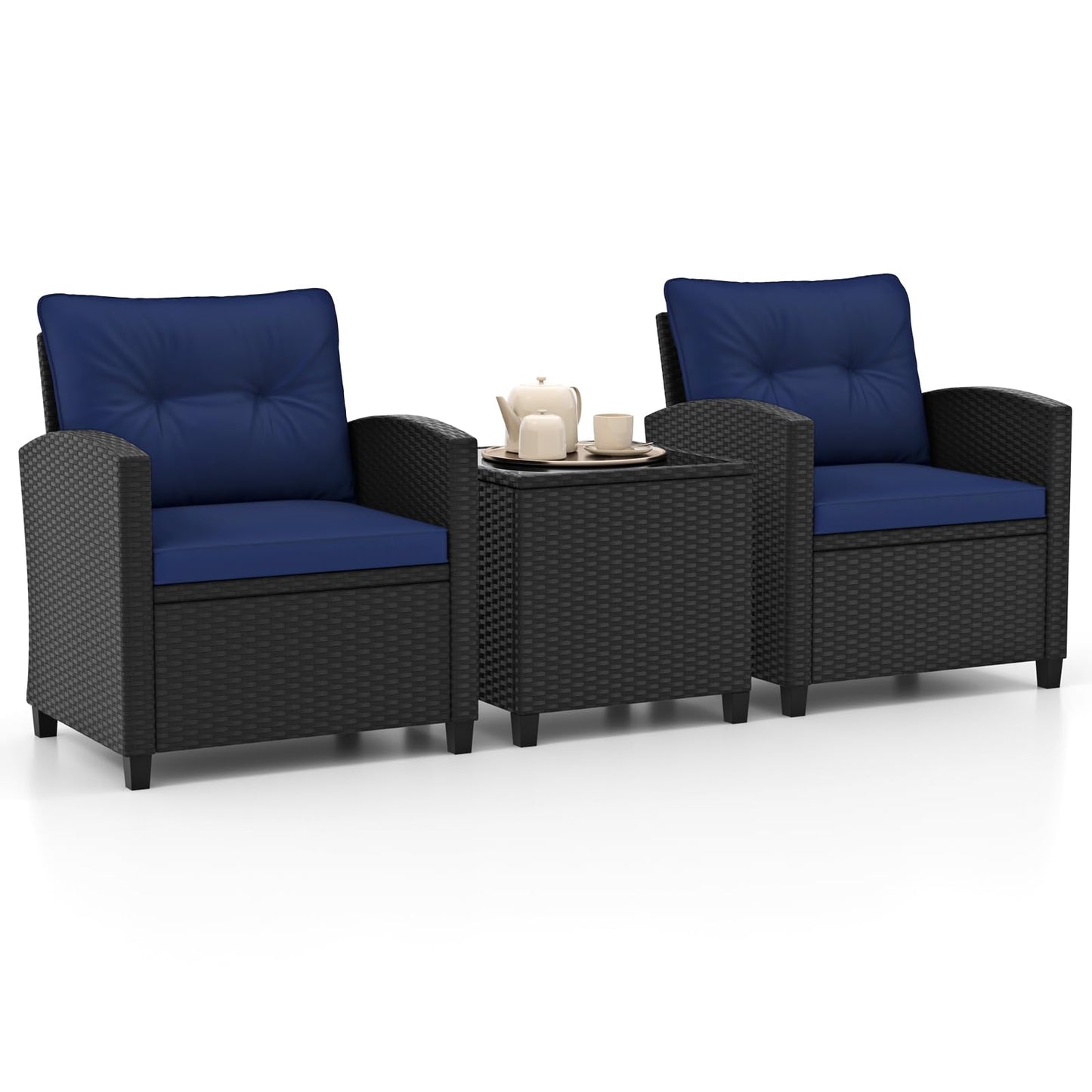 HAPPYGRILL 3 Pieces Wicker Patio Conversation Set, PE Rattan Bistro Sofa Set with Tempered Glass Coffee Table, Washable Cushions, Outdoor Furniture Set for Garden Poolside Balcony (Navy)