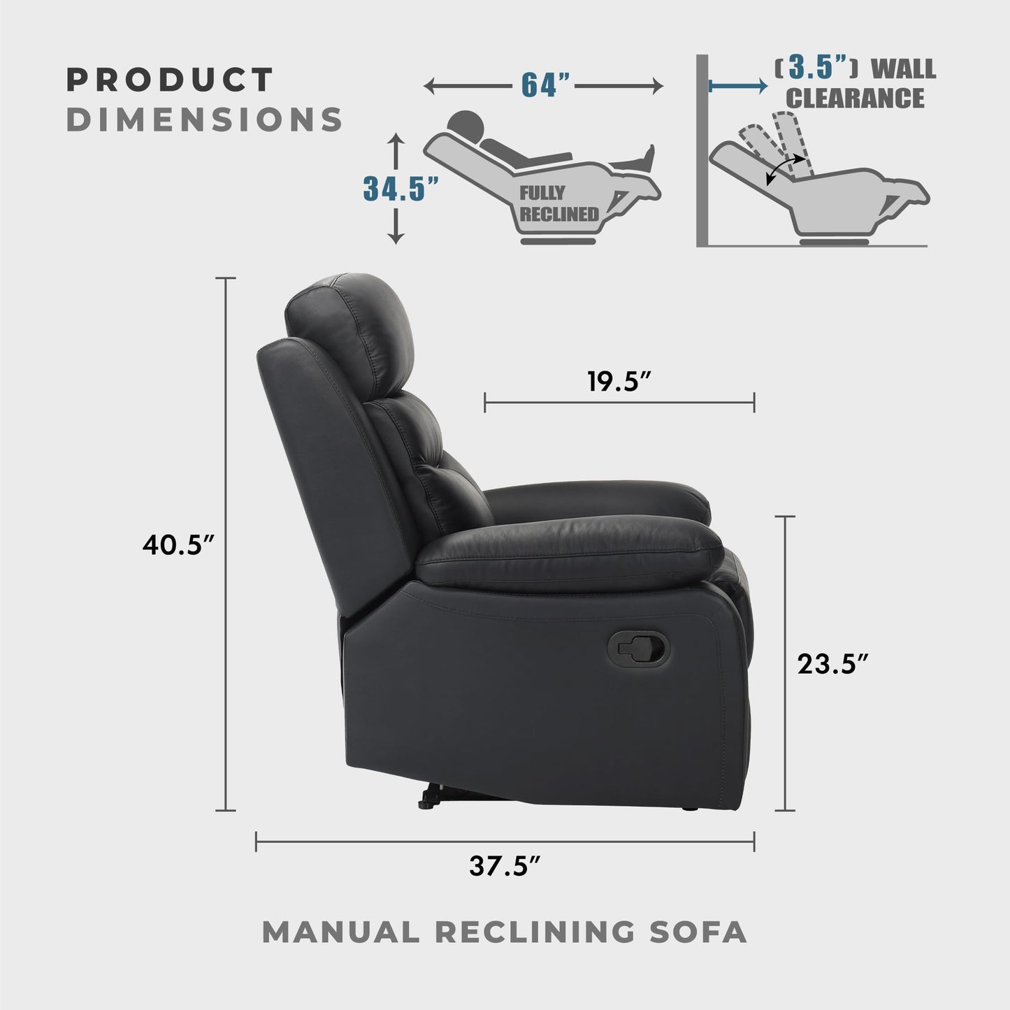 Lexicon 86.5" W Manual Reclining Sofa, Top Grain Leather Match Reclining Sofa, Home Theater Seating, Wall Hugger Recliner Couch, Manual Double Recliner RV Couch for Living Room, Black