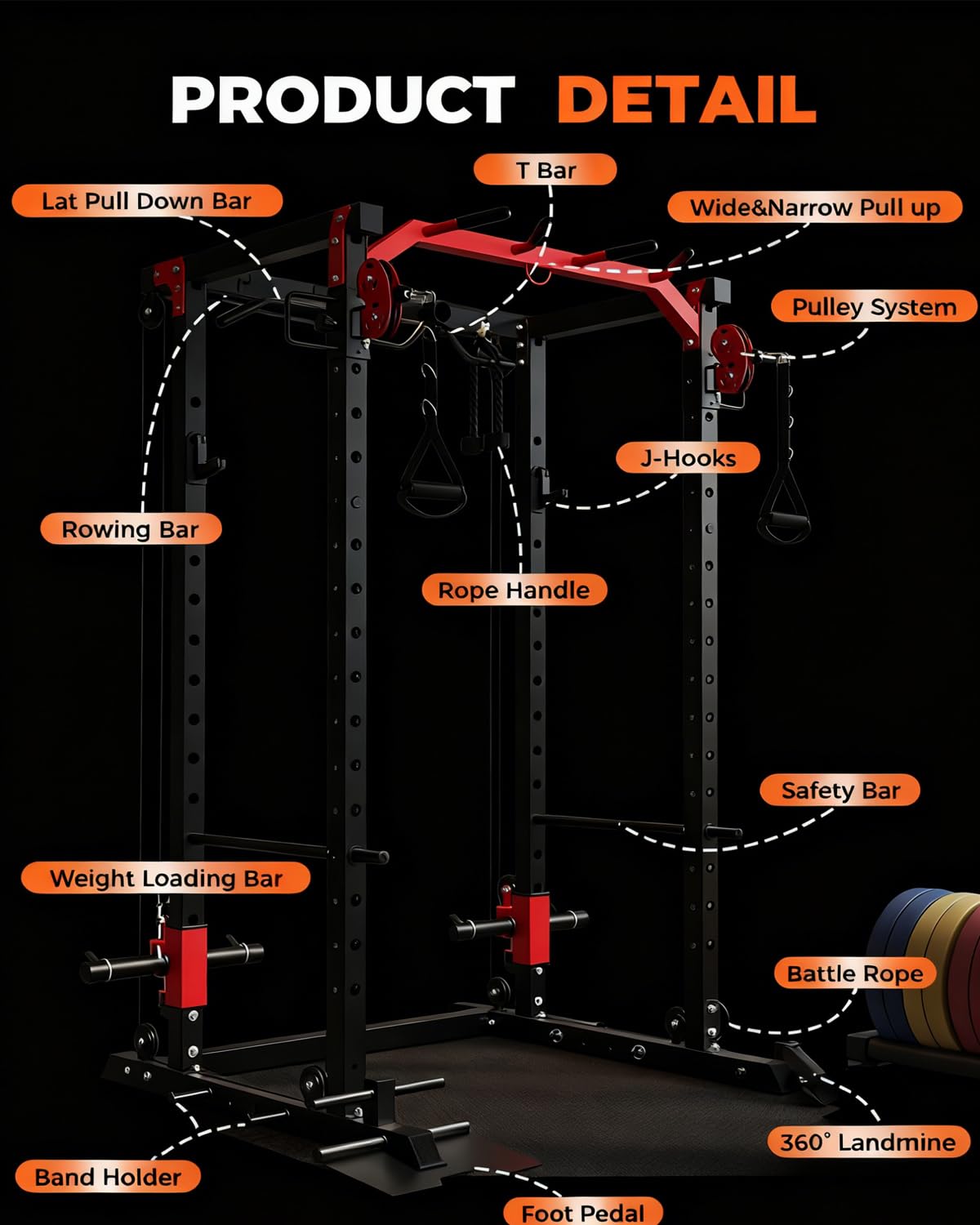 GarveeLife Power Cage, All-in-1 Home Gym with LAT Pulldown & Cable System, 2000LBS Squat Rack for Home & Garage & Apartment Use, Workout Cage with More Attachments (Red)