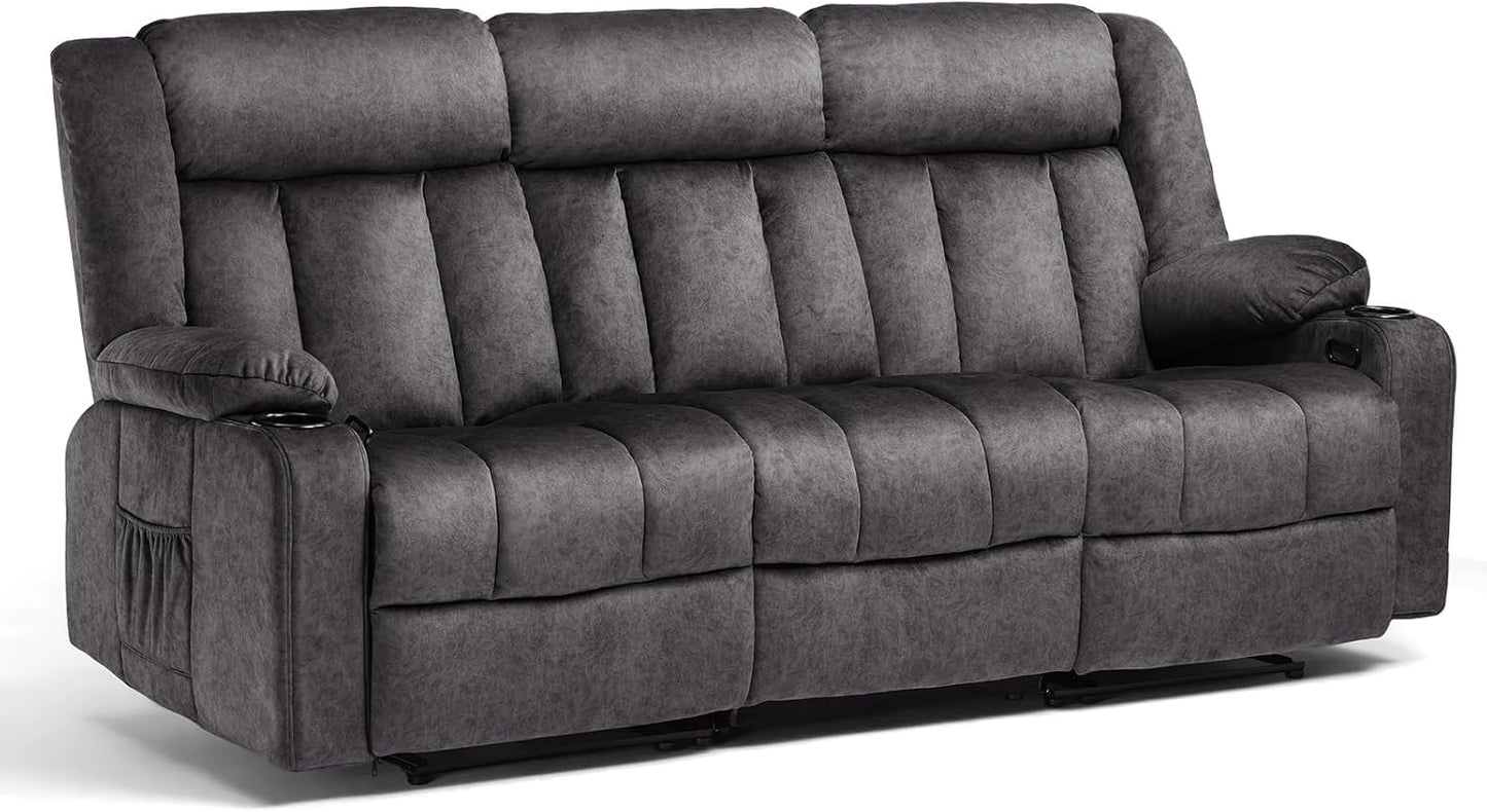 COMHOMA Manual Recliner Chair Set，Fabric Reclining Sofa Chair with Cup Holders, Upholstered Recliner with Side Pockets Suitable for Living Room Furniture (3)