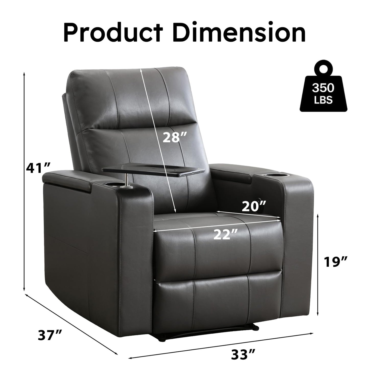 ANJ Home Theater Seating Power Recliner with Hidden Arm Storage, Single Faux Leather Recliners with Tray Table, Electric Movie Reclining Chairs with USB Ports & Cup Holders for Media Room, Grey