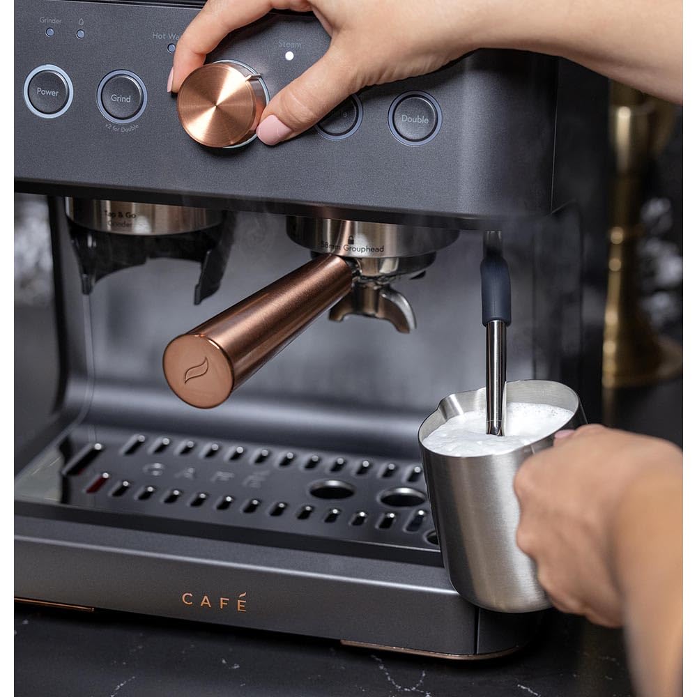 Café Bellissimo Semi Automatic Espresso Machine with Grinder & Milk Frother | Copper Accents | WiFi App Control | Large 95oz Tank | Matte Black