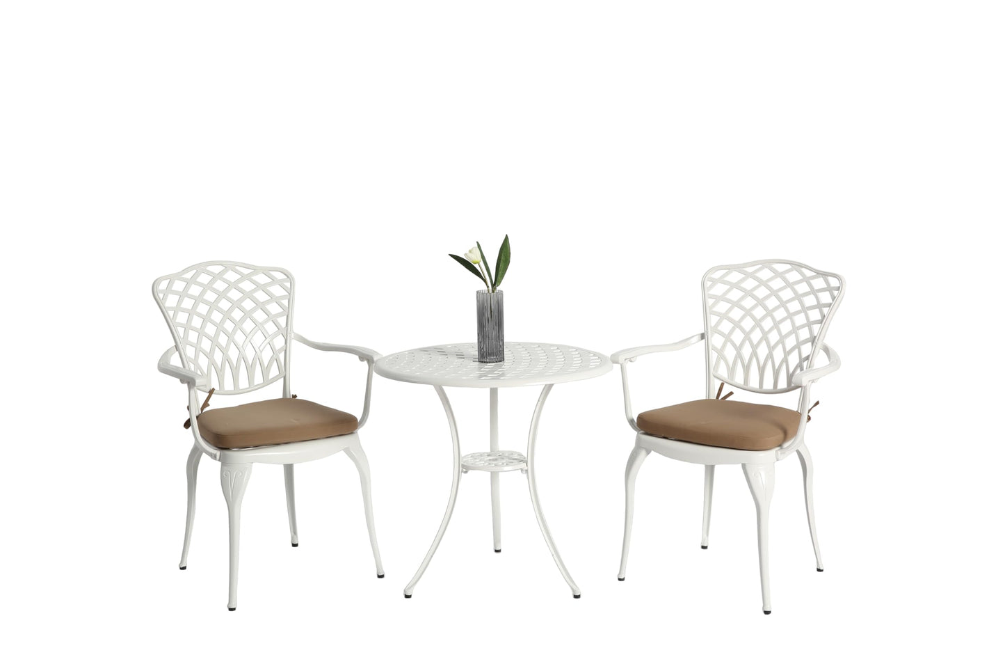 GDFStudio 3-Piece Patio Bistro Set Cast Aluminum Outdoor Furniture Set with Cushions, Weather-Resistant Bistro Table and 2 Chairs with Umbrella Hole, Patio Conversation Set for Garden, Balcony, White