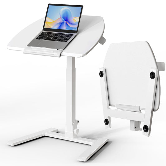 ROMOON Folding Small Standing Desk with Wheels, No-Assembly Portable Sit-Stand Laptop Cart, Adjustable Height Rolling Space Saving Workstation for Home Office, Small Space (White)
