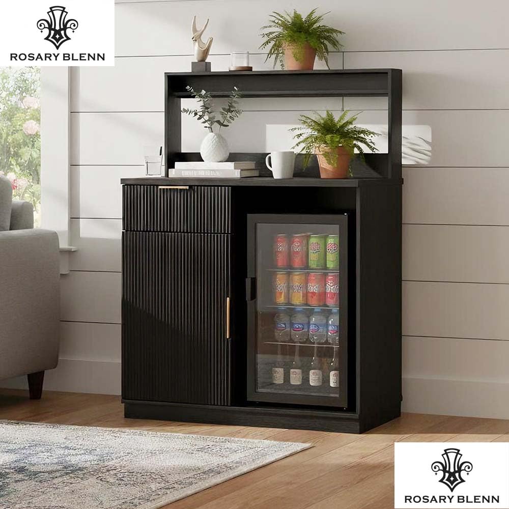 Rosary Blenn Coffee Bar Cabinet with Mini Fridge Space and Power Outlet, 39" Matte Black Wood Grain Finish Kitchen Cabinet with Drawer Storage and Adjustable Shelves for Dining Room