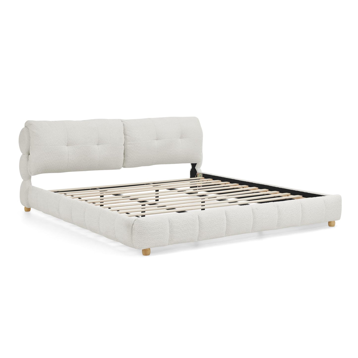 KEIKI King Size Boucle Platform Bed Frame with Tufted Cloud Headboard, Modern Style Upholstered Bed with Slats and Solid Wooden Legs, Easy Assembly, No Box Spring Required, for Bedroom, Beige