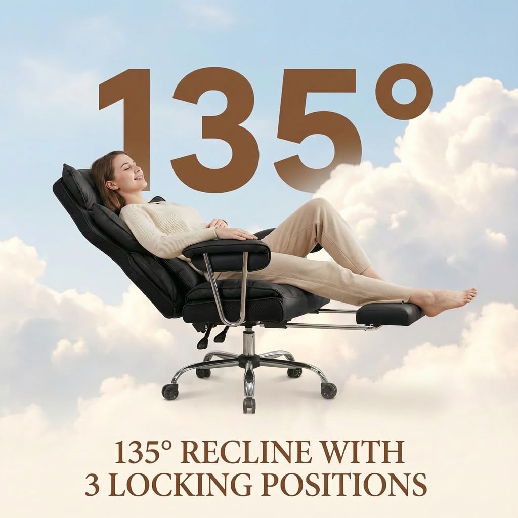 Efomao Big & Tall Office Chair with Footrest, High-Back Leather Executive Desk Chair with Lumbar Support and Padded Armrests, Black