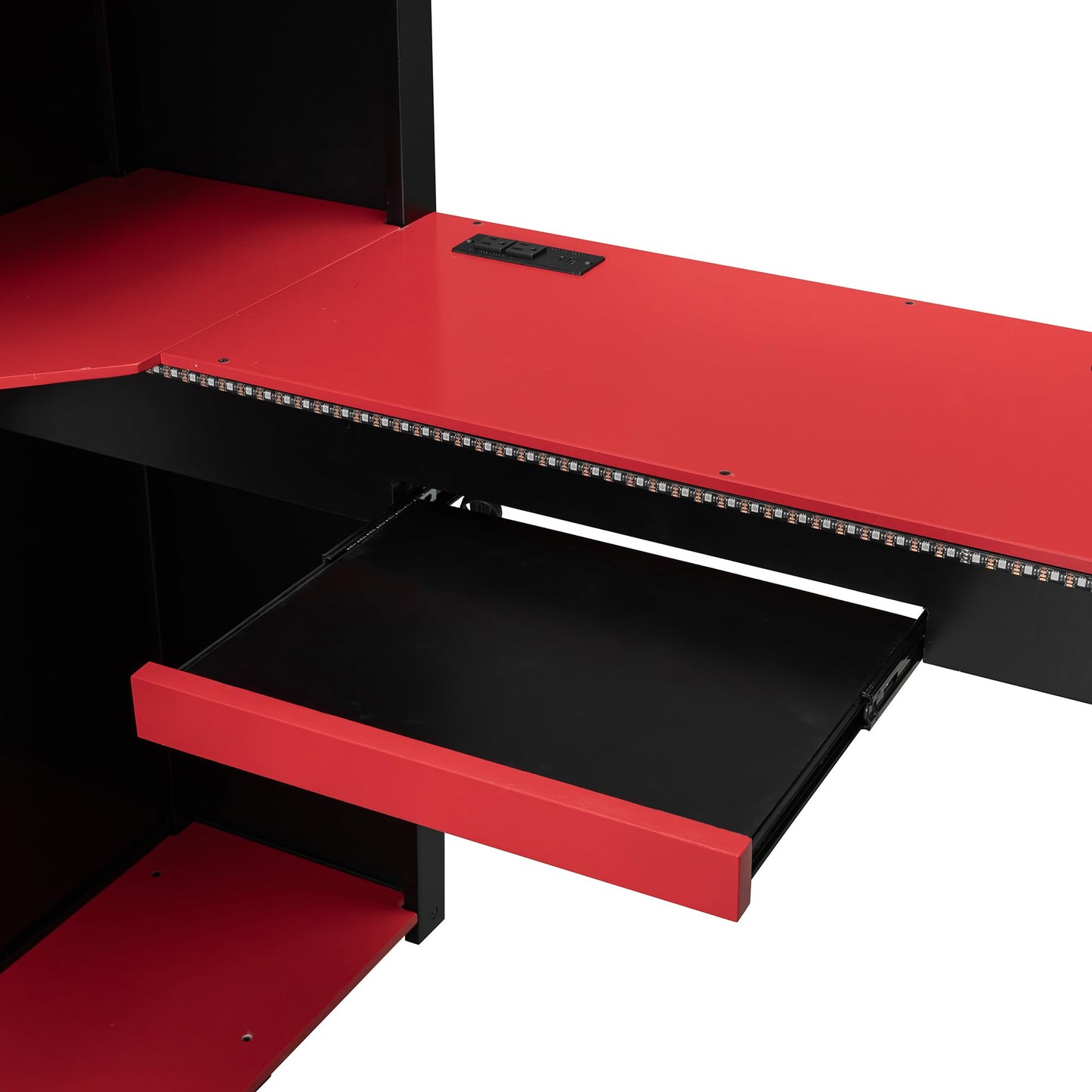 Merax Full Size Loft Bed with Desk and Storage Shelves, Gaming Loft Bed Frame with USB Charging Station and Curtains, Space Saving Loft Bed for Teens Bedroom, Black + Red