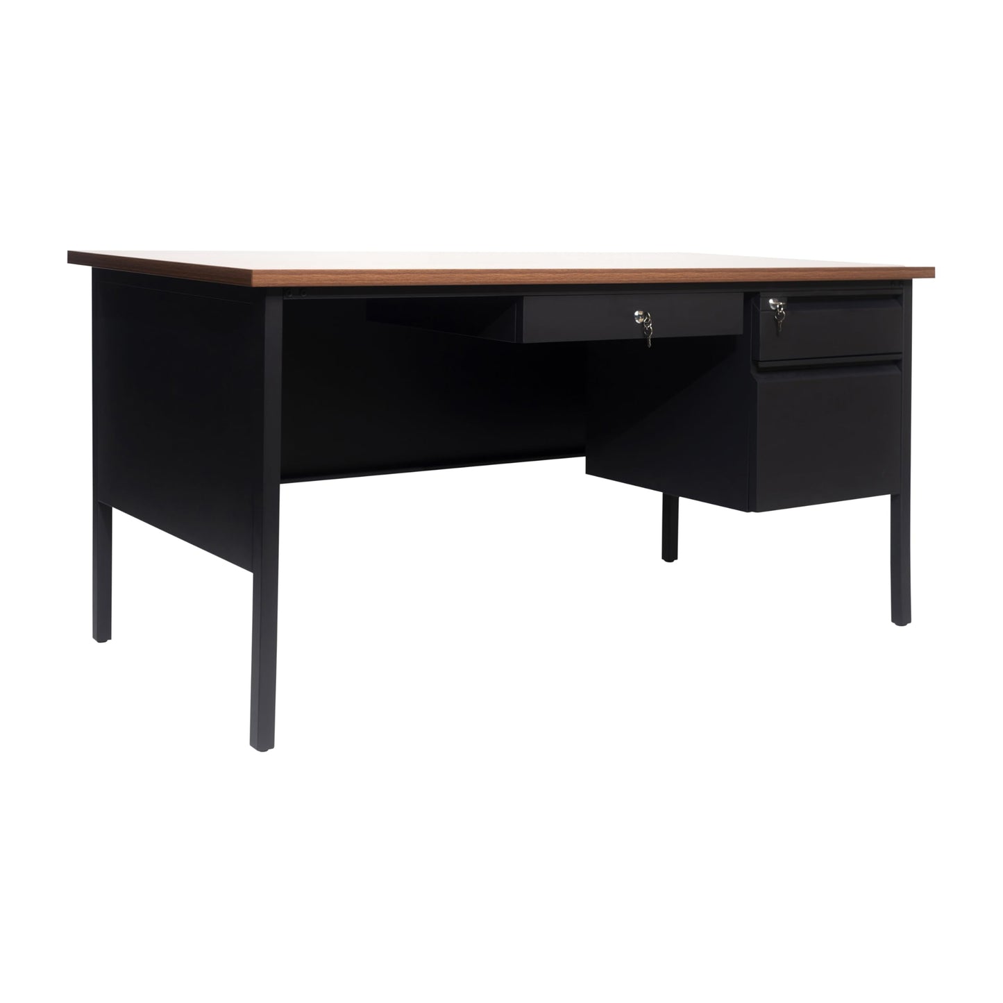 Flash Furniture Cambridge Right Side Single Pedestal Desk with 3 Locking Drawers, Commercial Grade Teacher's or Office Desk, 30x60, Metal Frame, Walnut/Black
