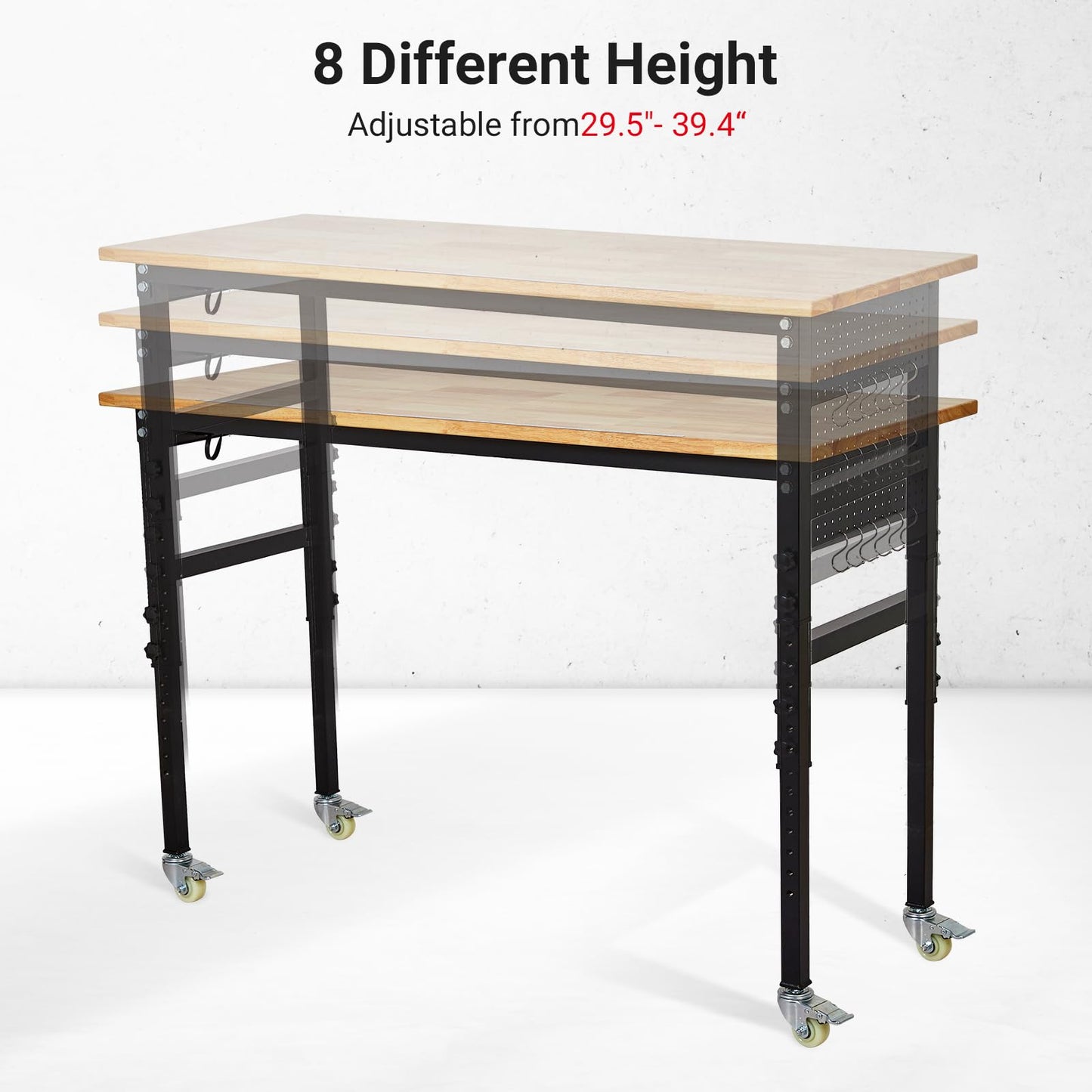 Adjustable Workbench with Wheels 48x24 Inches-Heavy Duty Adjustable Height Work Benches for Garage,Lockable Rolling Workbenches for Workshop and Home DIY 27.8"-39.5" Height