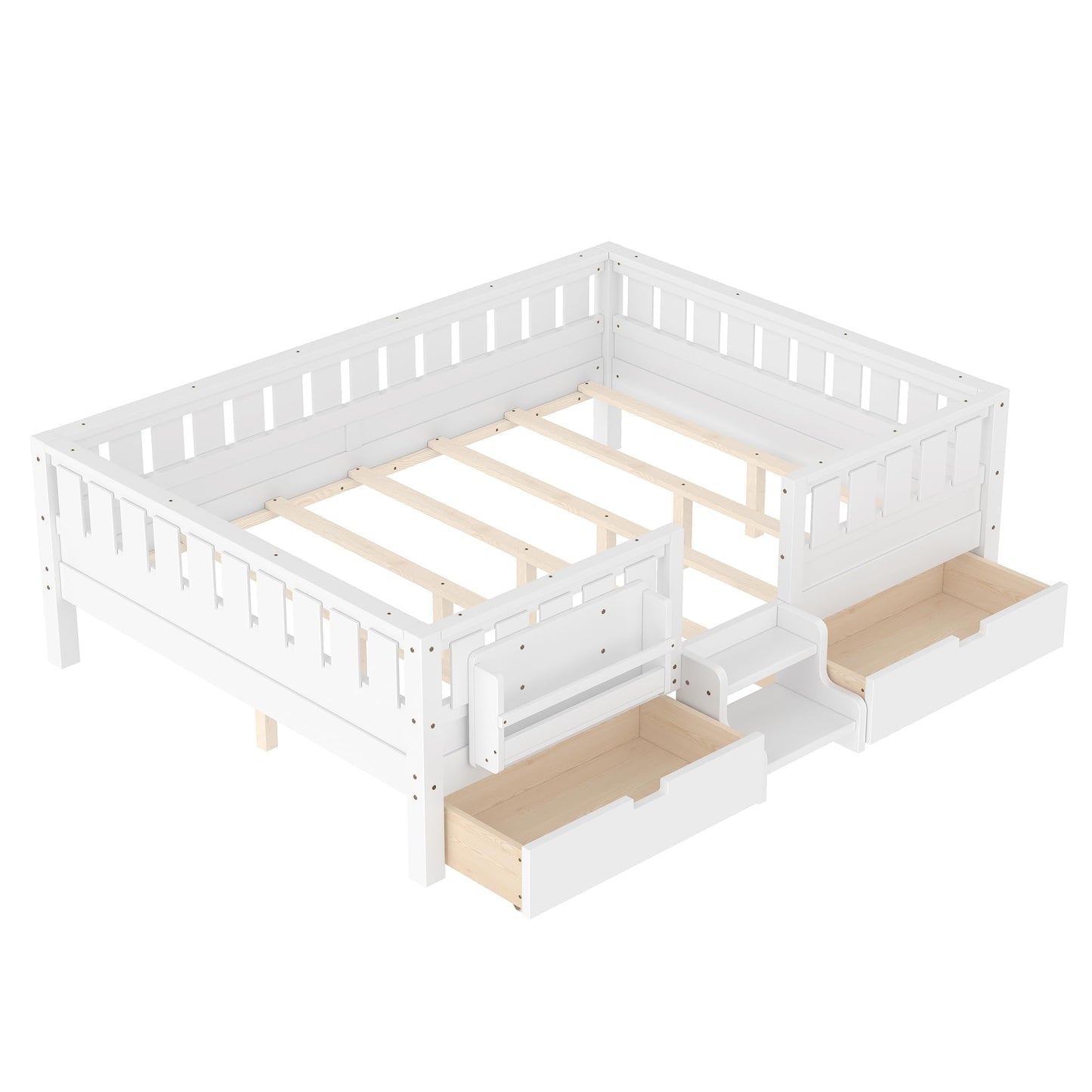 Queen Platform Bed with Storage Drawers and Bookshelves, Kids Platform Bed Frame with Low-profile Stairs and Full-length Guardrails, Queen Bed Frame for Boys, Girls, No Box Spring Needed, White