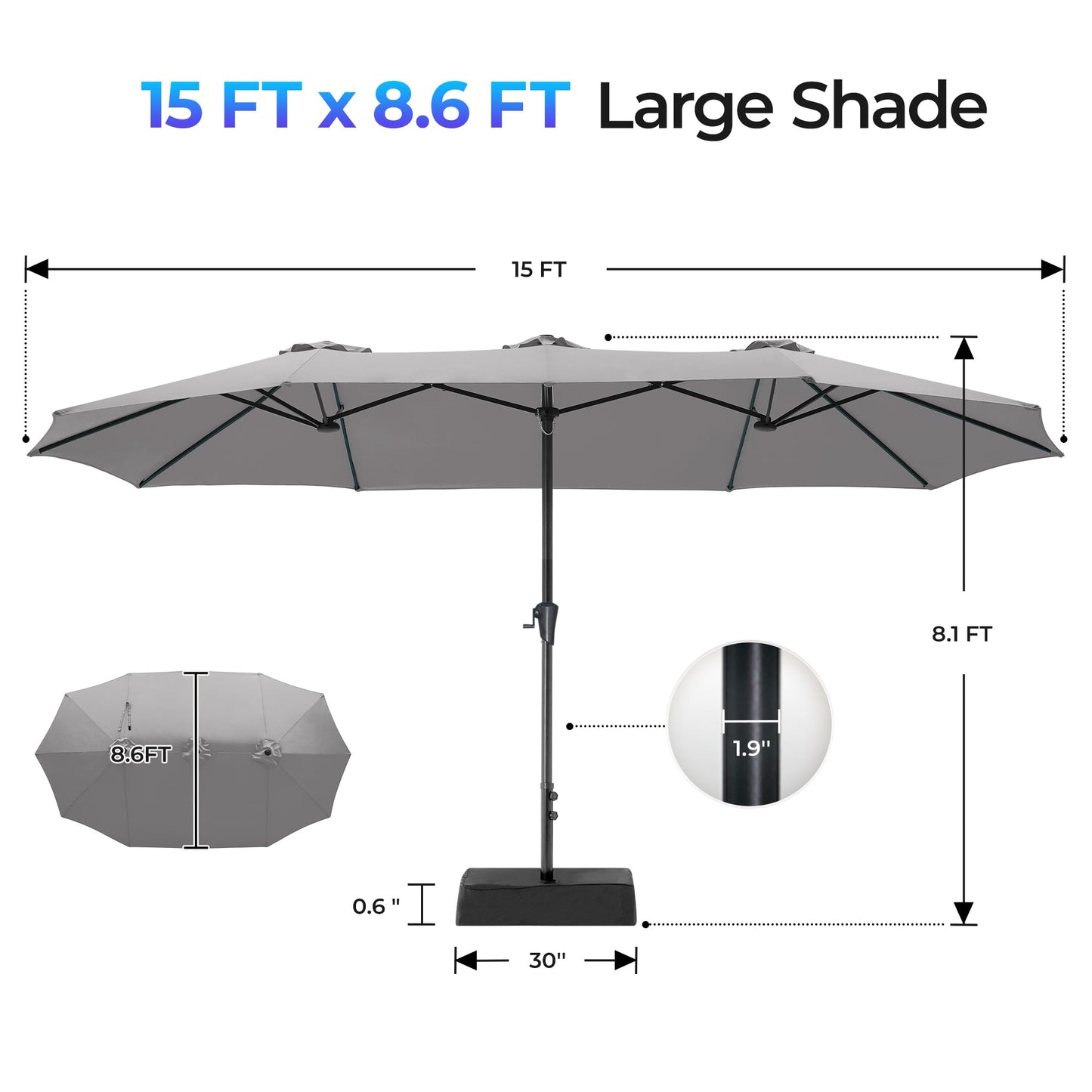 SUPERJARE 15FT Outdoor Patio Umbrella with Base Included, Double Sided Pool Umbrellas with Fade Resistant Canopy, Extra-Large Table Umbrella for Deck, Market, Backyard, Gray