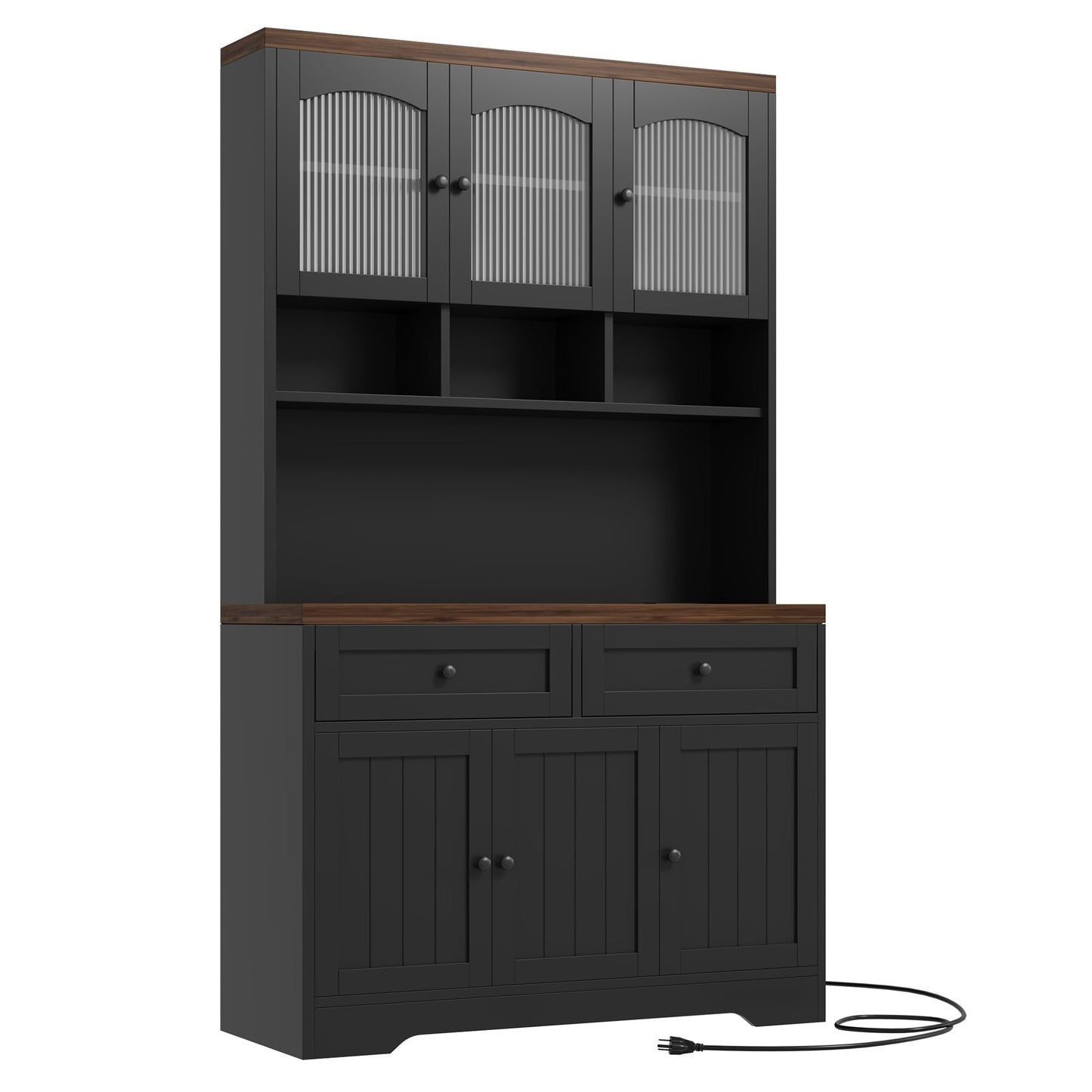 Garvee 71" Pantry Cabinet with Charging Station, Tall Kitchen Pantry Storage Cabinet with Microwave Stand, Farmhouse Kitchen Hutch with Storage Drawers for Living Room, Dining Room, Black