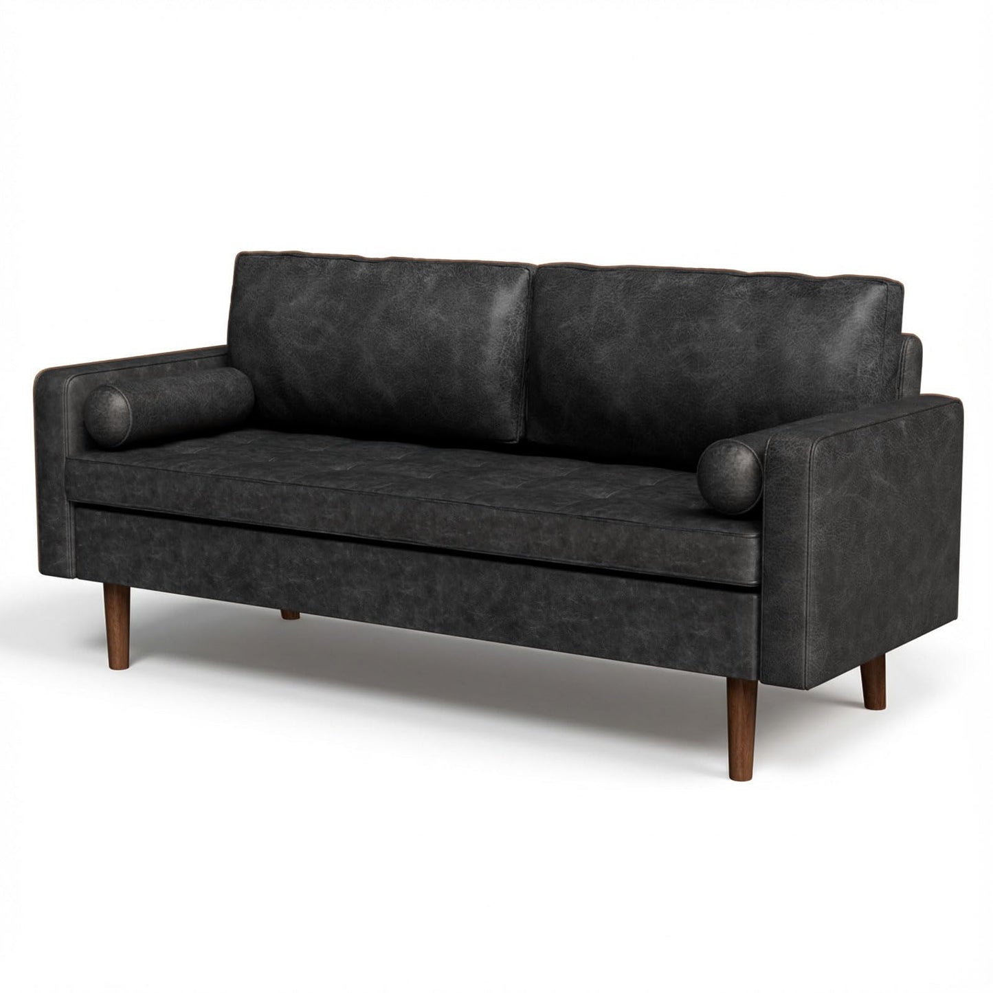 Meeyar 70" Mid-Century Modern Sofa Couch – Faux Leather Loveseat Sofa with Deep Seat & Solid Wood Frame – Includes 2 Accent Pillows – Black Living Room Bedroom Office (Black, 70 inches)