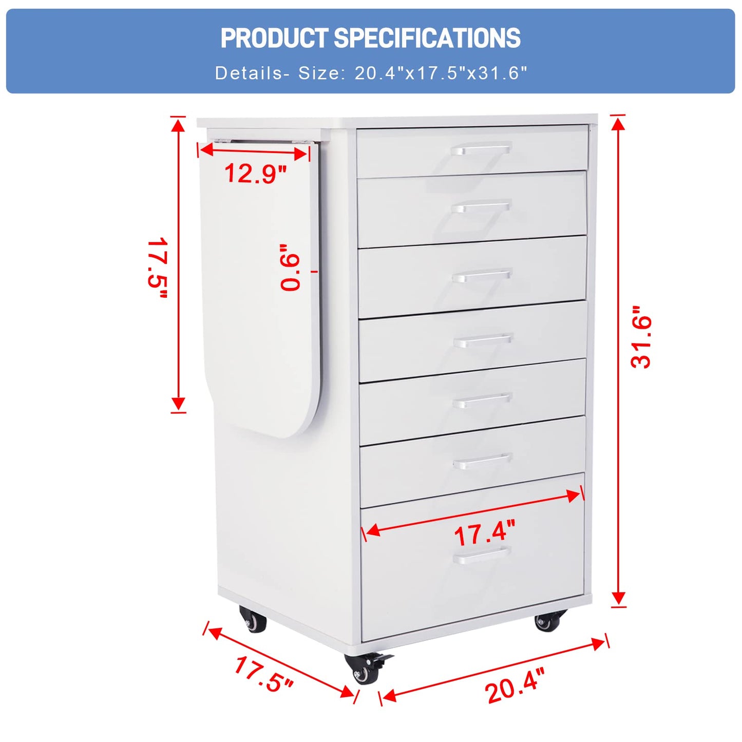 forimo Medical Dental Assistant's Mobile Cabinet Alabama Cart Utility Cart 7 Drawer W/Side Shelf. Professional Utility cart for Medical or Dental Instruments Storage.