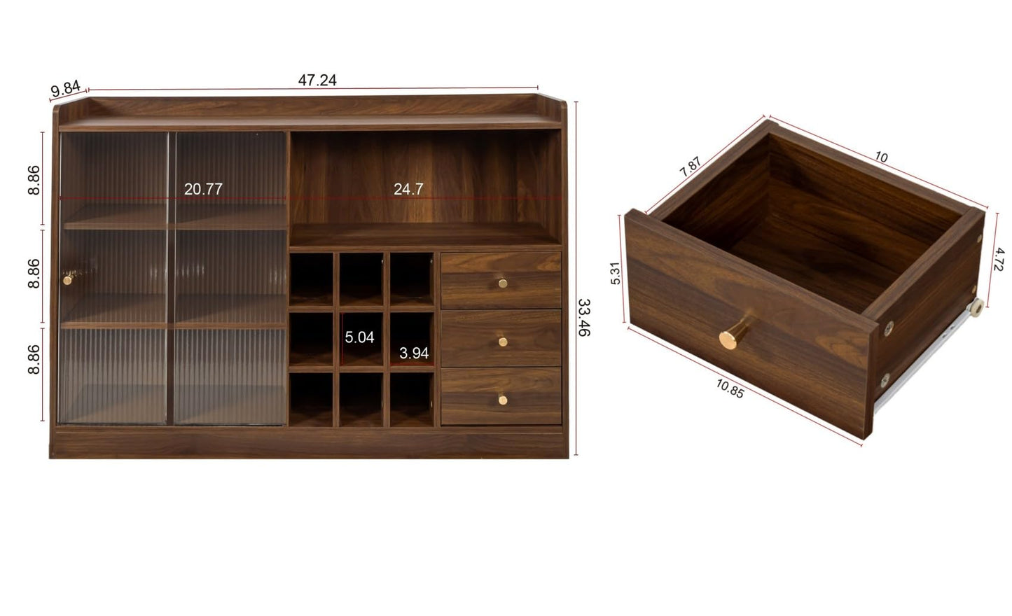KEIKI Kitchen Sideboard Buffet Storage Cabinet with 2 Glass Sliding Door, Wine Bottles Rack, 3 Drawers, Display Shelves, Wood Coffee Bar Dinning Room Pantry