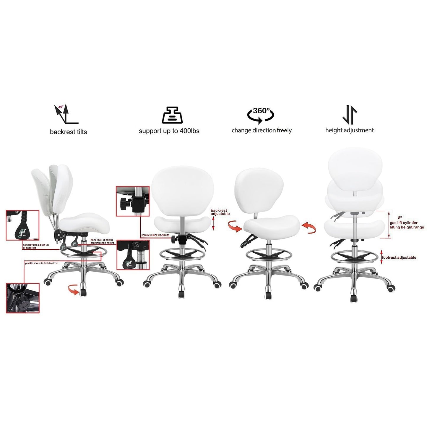 Kaleurrier Adjustable Height Drafting Stool Drafting Chair with Backrest & Foot Rest,Swivel Rolling Stools for Work Studio Dental Office Salon Kitchen Counter Tall Home Desk Chairs (White)