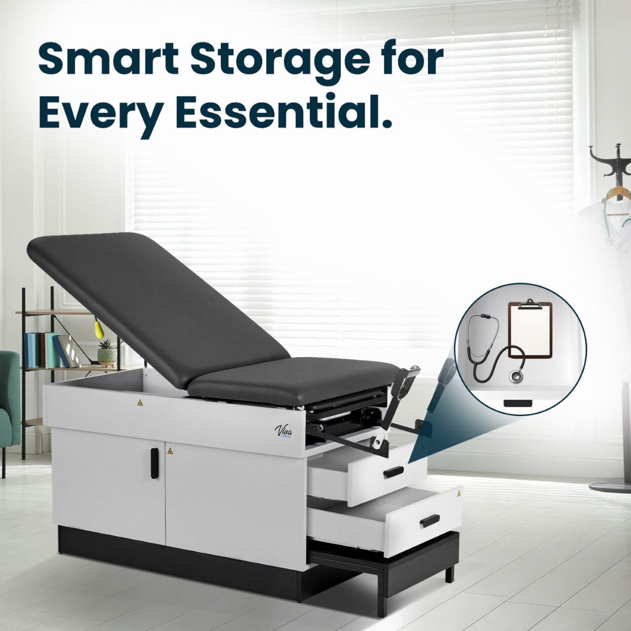 Vivacomfort Slim Line Medical Exam Table with Stirrups, Black, 420 lbs Weight Capacity