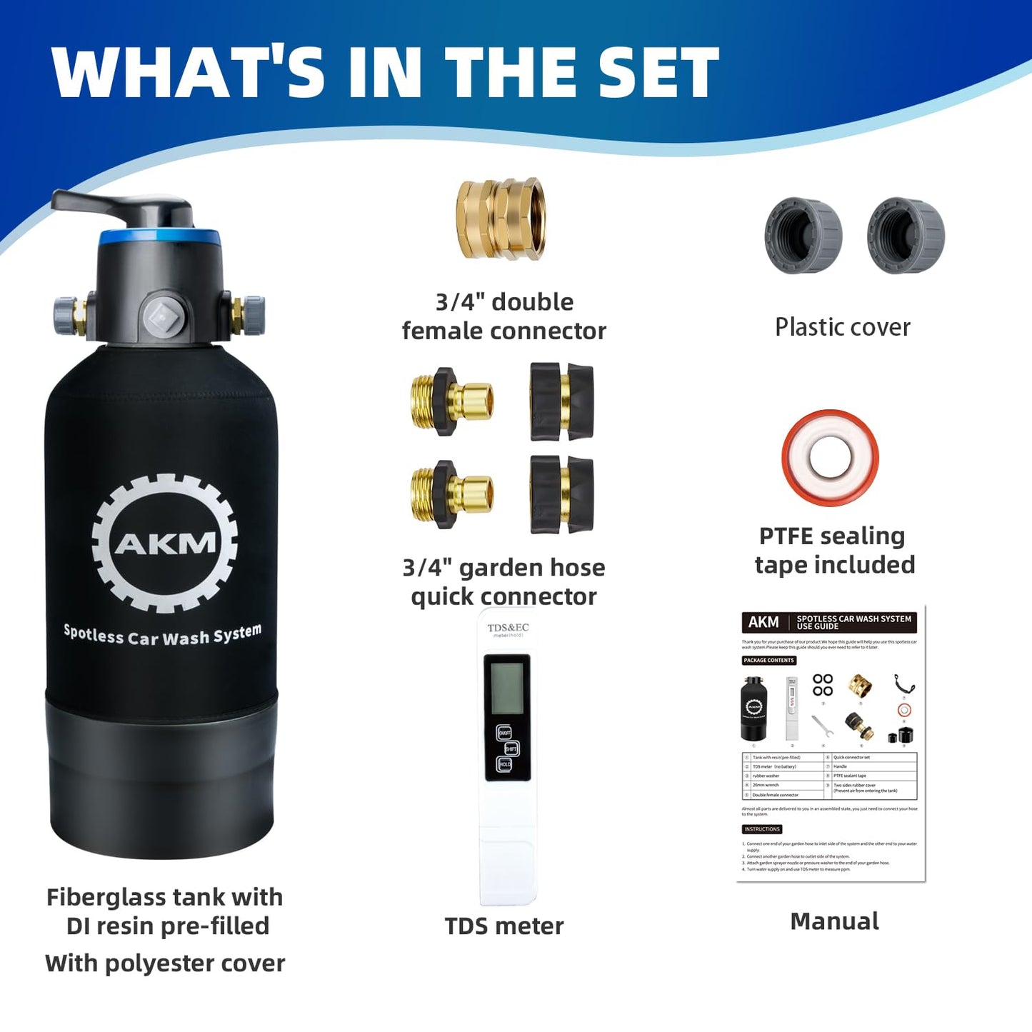 AKM Spotless Water System for car wash,Pre-Filled with DI Resin, with Bypass, DI Water System,Garden Hose Quick Connector, Deionized Water System for RV, Vehicles, Motorcycles, Bikes, Boats, No Spots
